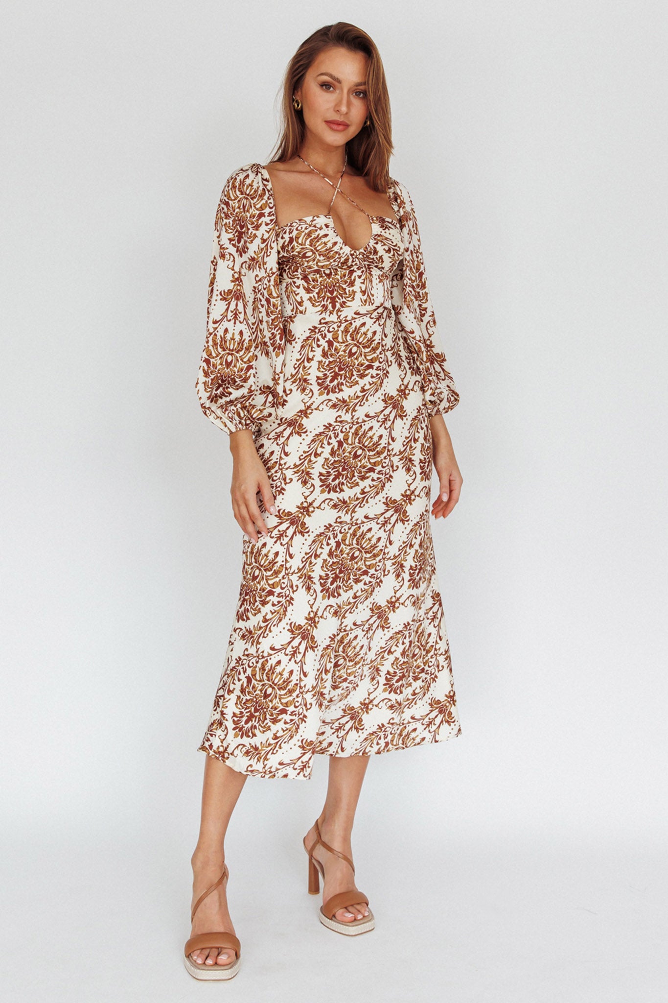 Nyree Long Sleeve Maxi Dress Floral Brown by Selfie Leslie