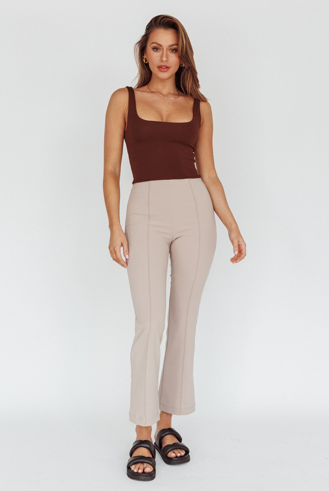 Sabria Mid-Rise Flare Pants Beige by Selfie Leslie