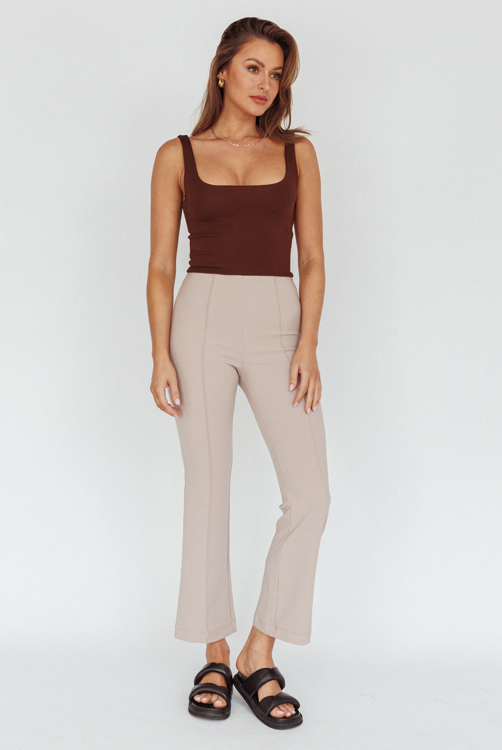 Sabria Mid-Rise Flare Pants Beige by Selfie Leslie