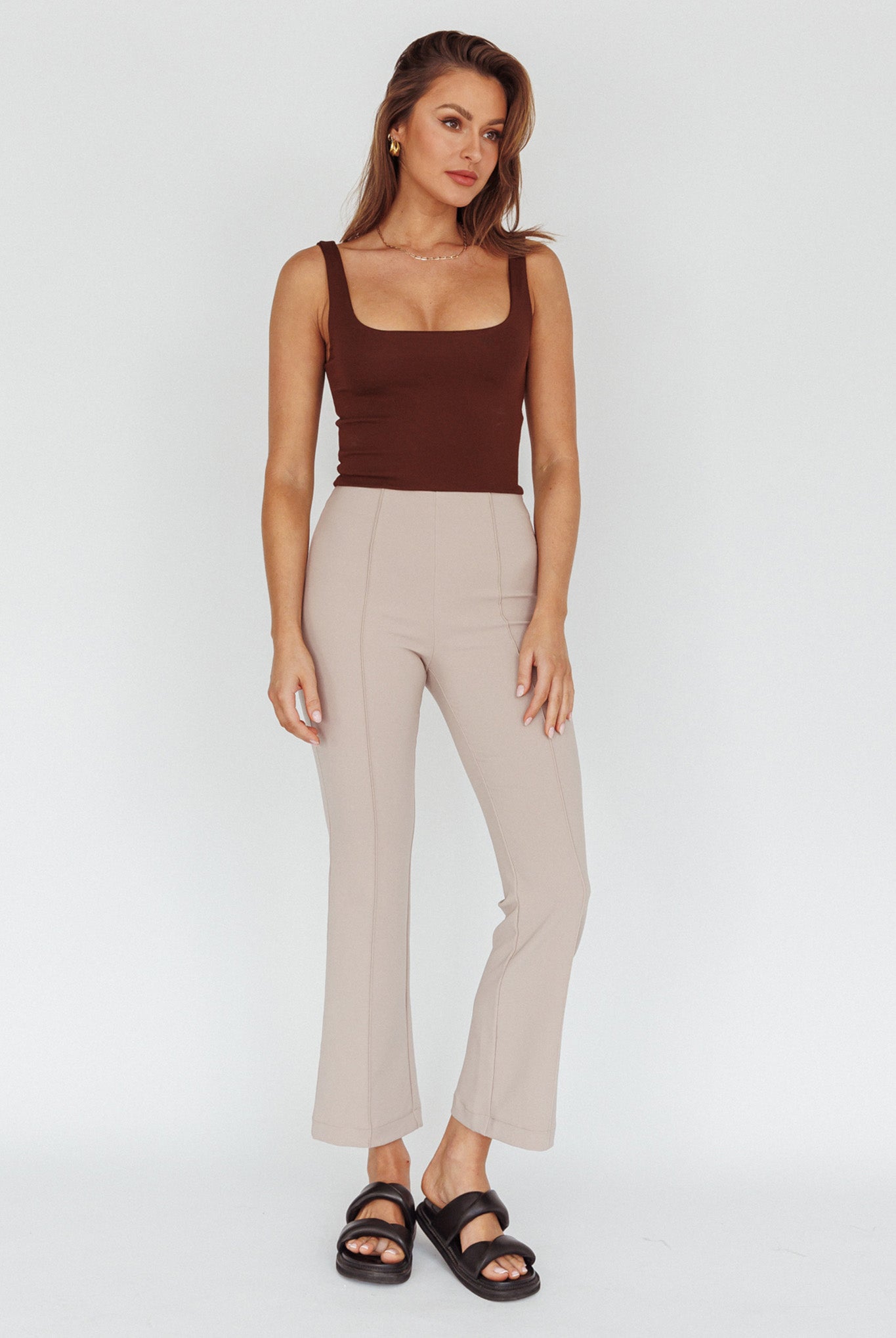 Sabria Mid-Rise Flare Pants Beige by Selfie Leslie