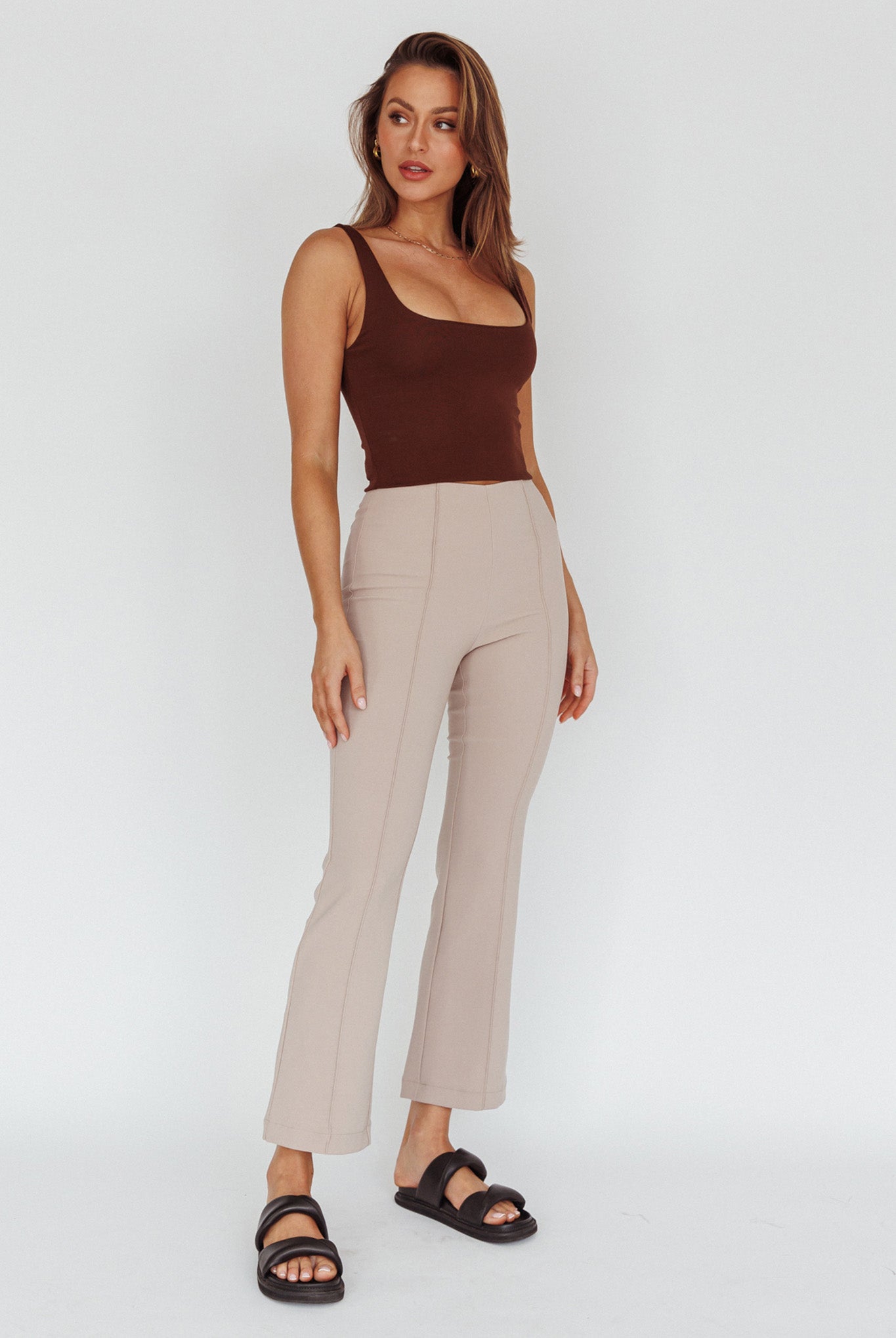 Sabria Mid-Rise Flare Pants Beige by Selfie Leslie