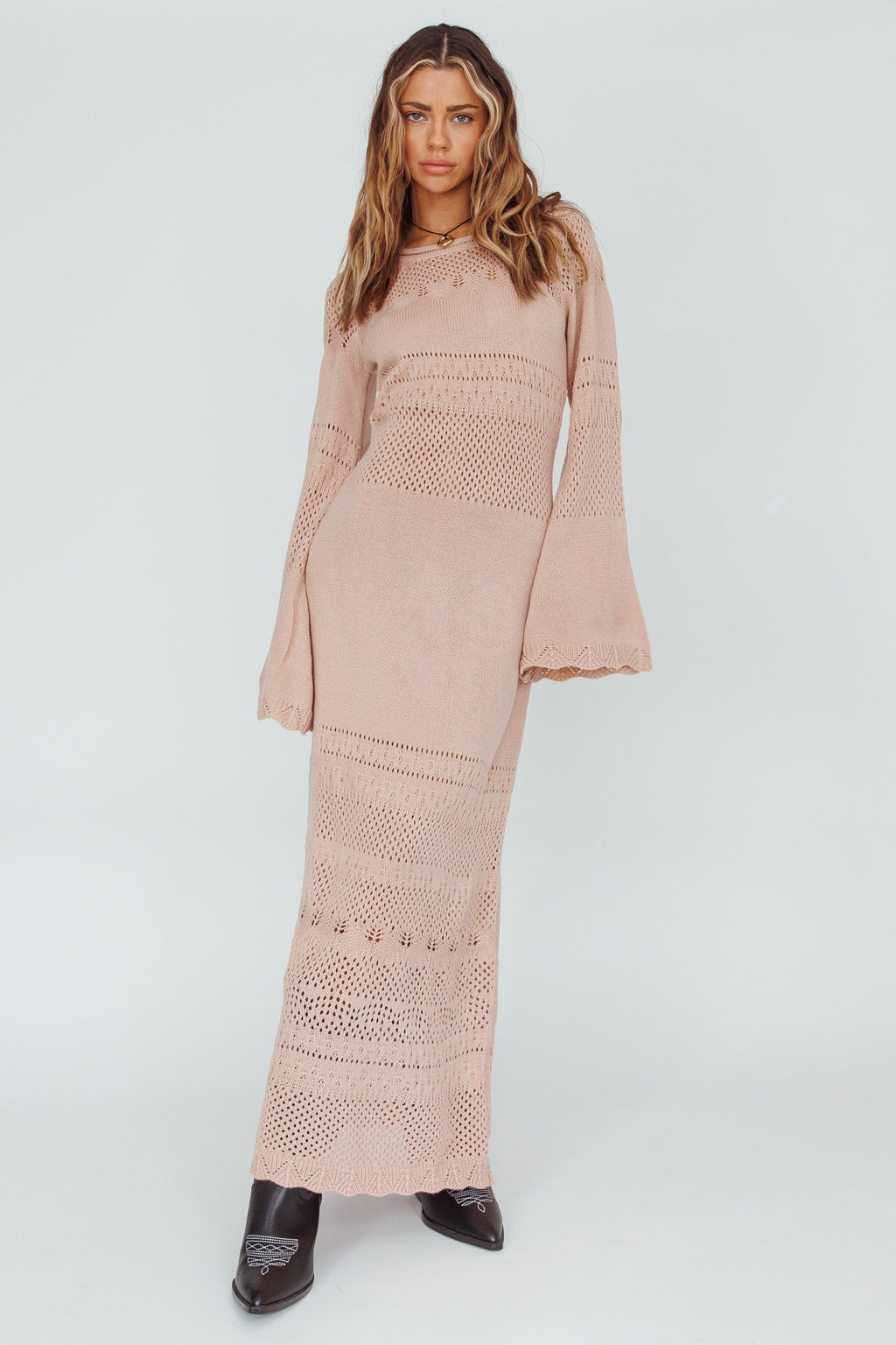 Gail Long Sleeve Crochet Maxi Dress Blush by Selfie Leslie