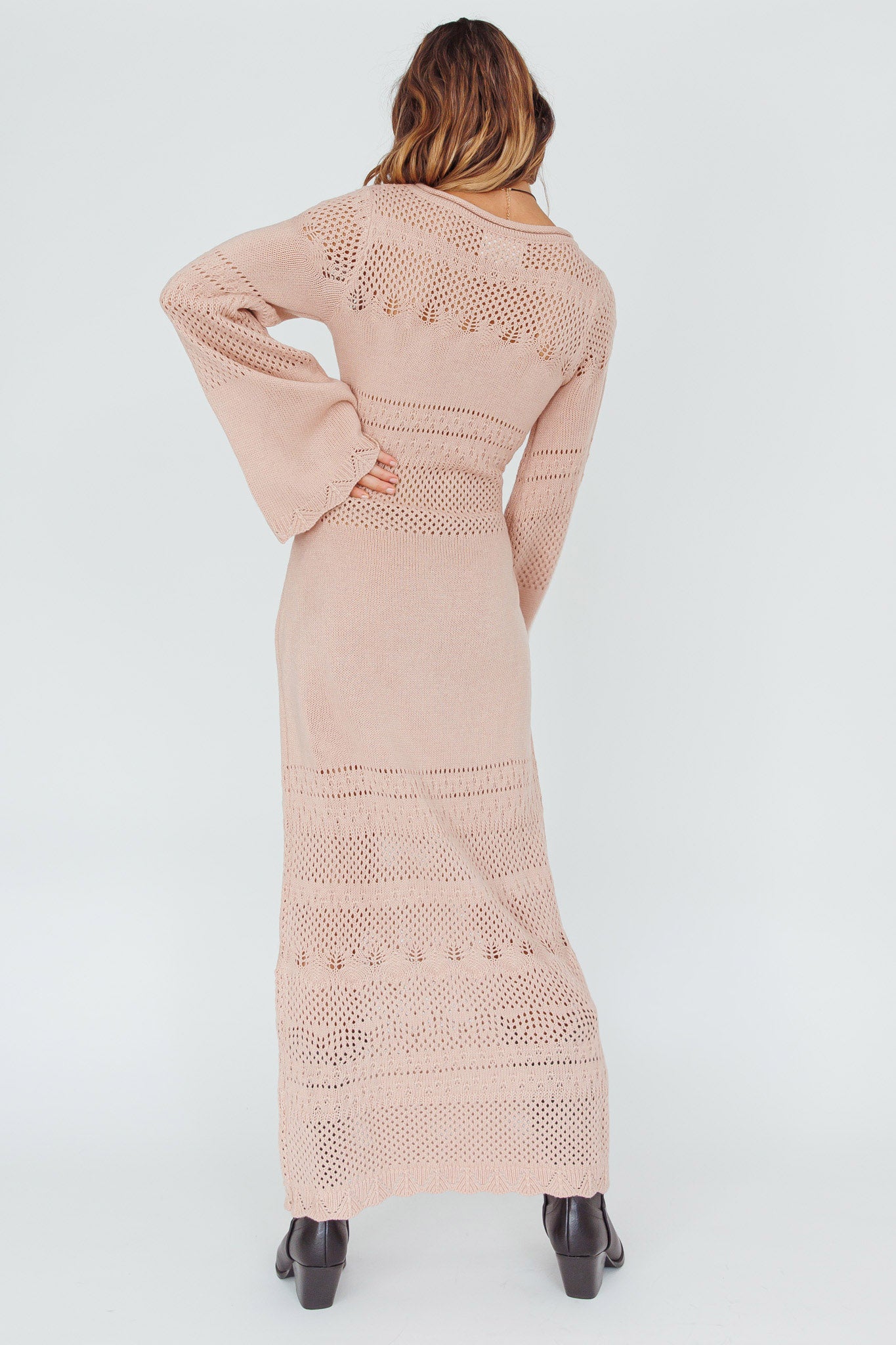 Gail Long Sleeve Crochet Maxi Dress Blush by Selfie Leslie