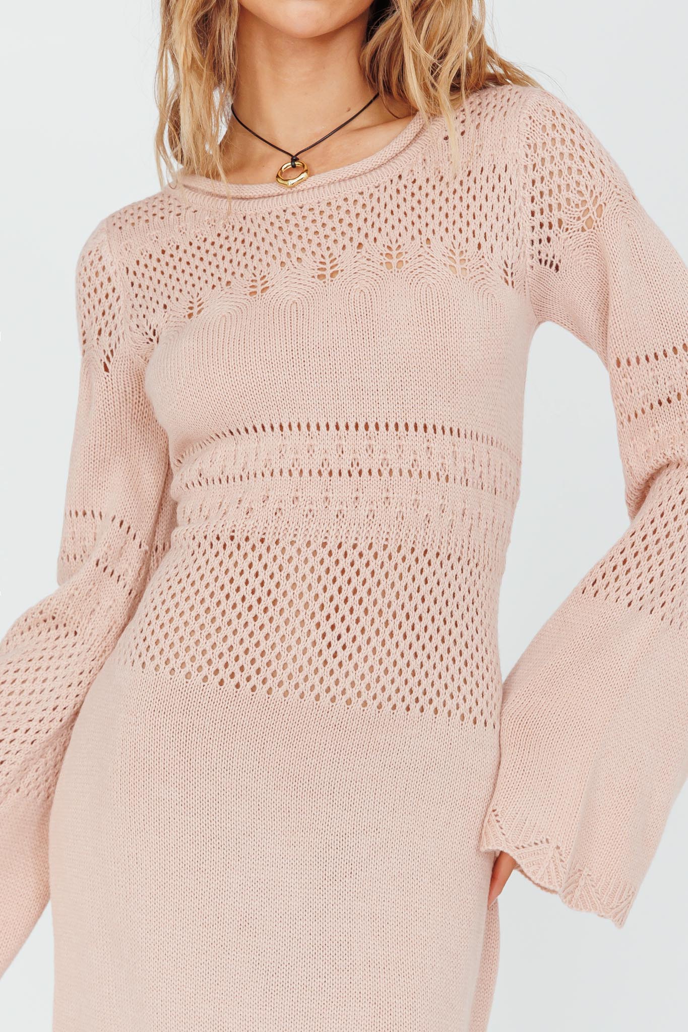 Gail Long Sleeve Crochet Maxi Dress Blush by Selfie Leslie