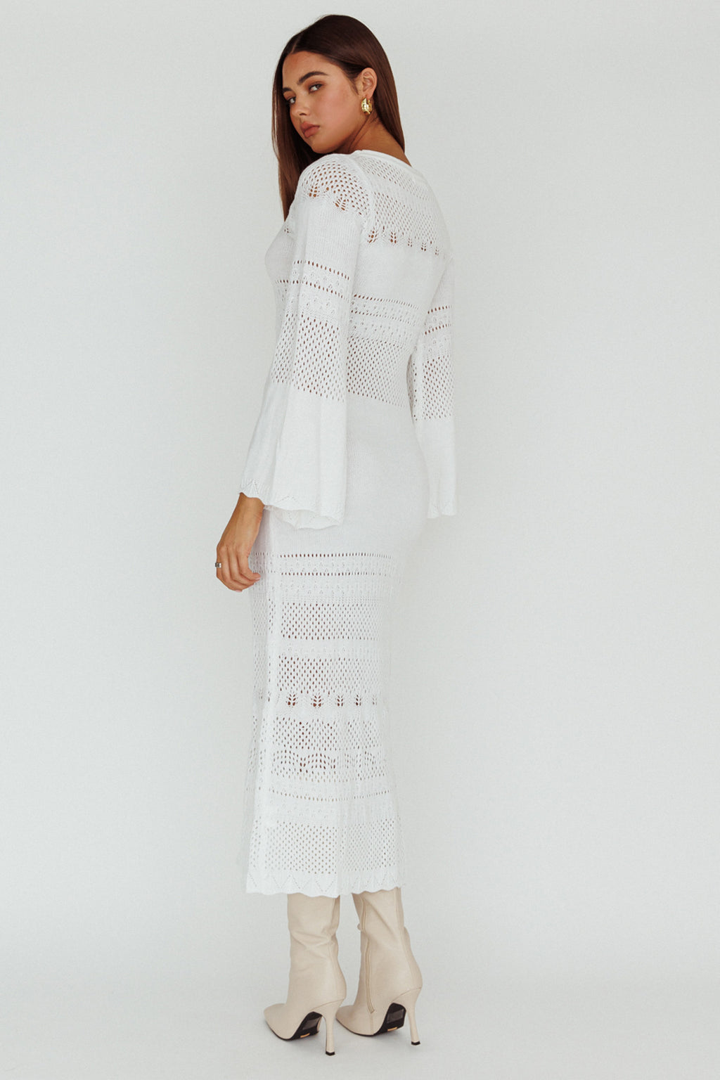 Gail Long Sleeve Crochet Maxi Dress White by Selfie Leslie