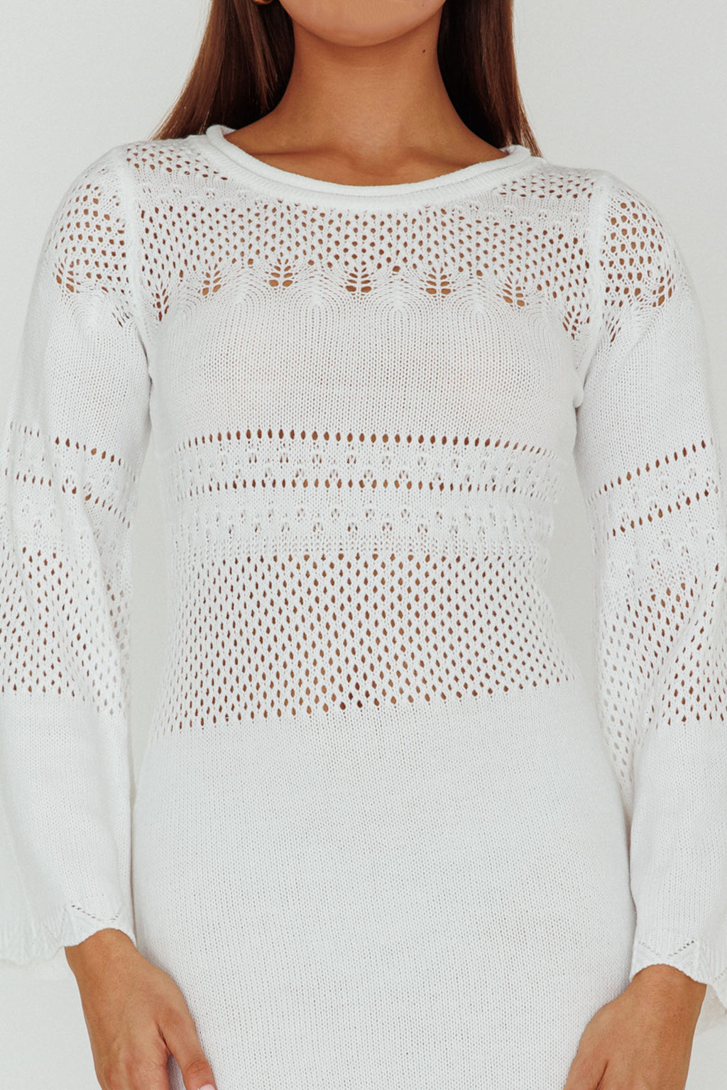 Gail Long Sleeve Crochet Maxi Dress White by Selfie Leslie