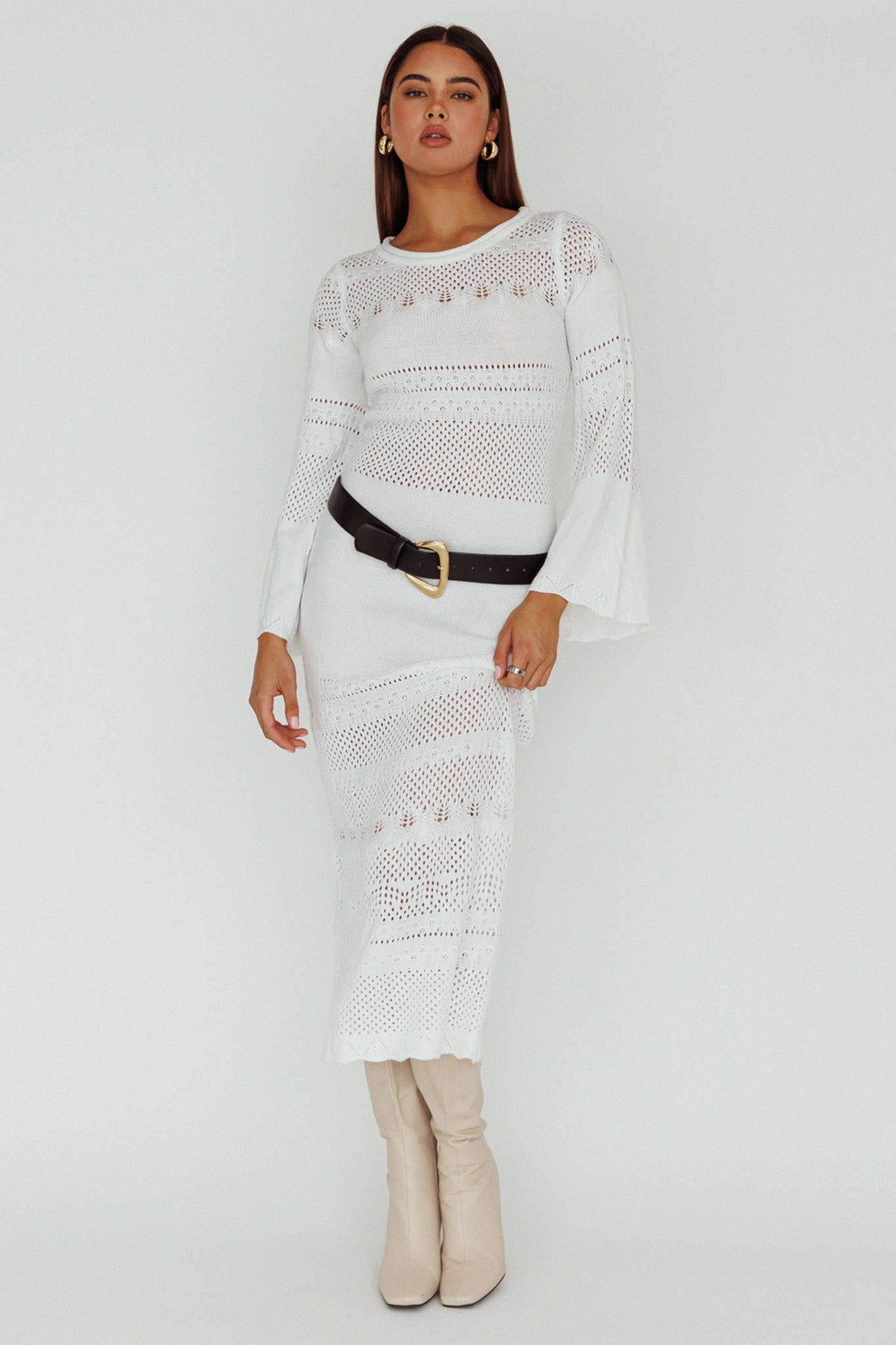 Gail Long Sleeve Crochet Maxi Dress White by Selfie Leslie