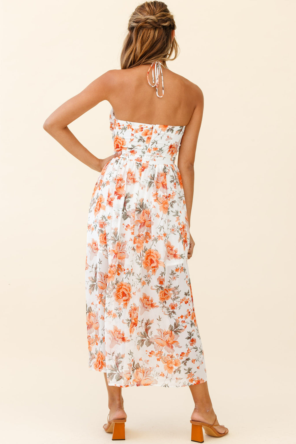 Los Feliz Tied Bust Halterneck Midi Dress Floral Print Orange by Selfie Leslie