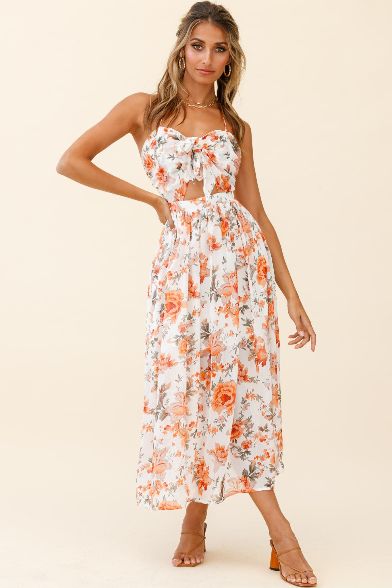 Los Feliz Tied Bust Halterneck Midi Dress Floral Print Orange by Selfie Leslie
