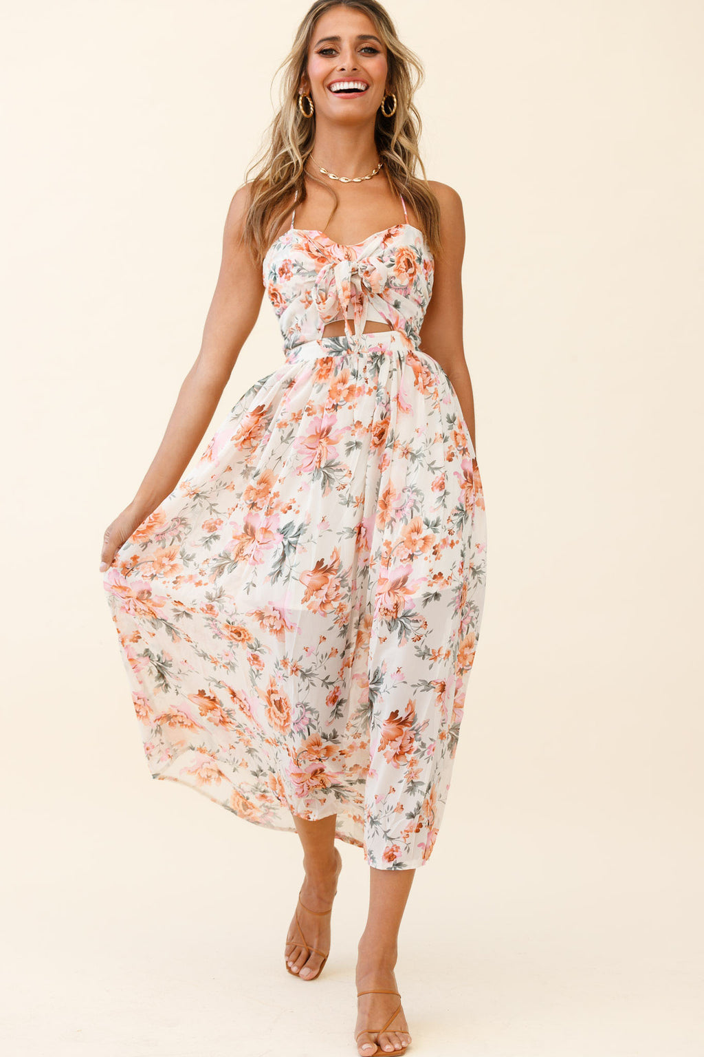 Los Feliz Tied Bust Halterneck Midi Dress Floral Print Pink by Selfie Leslie