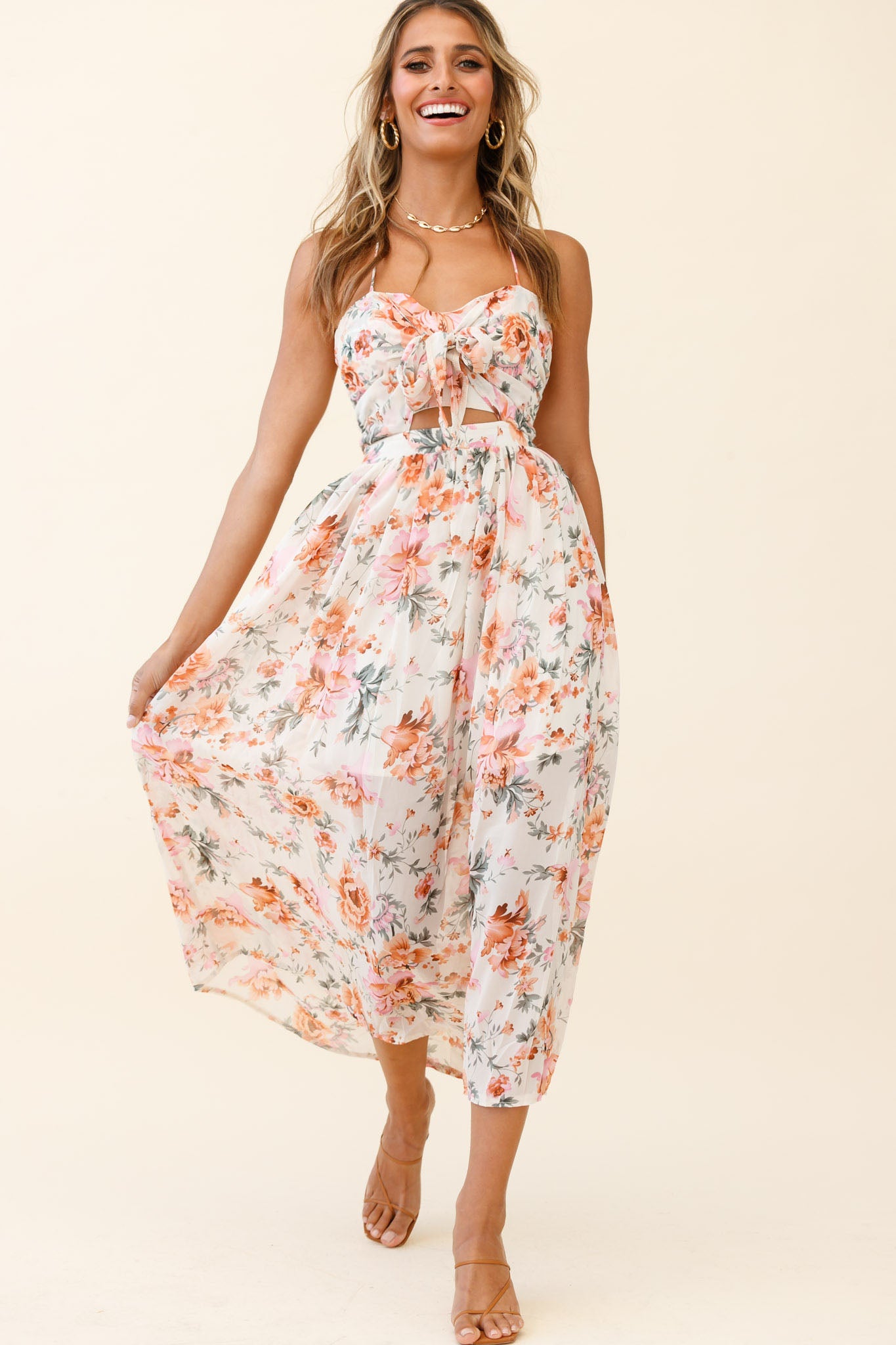 Playa Del Carmen Tied Bust Halterneck Midi Dress White