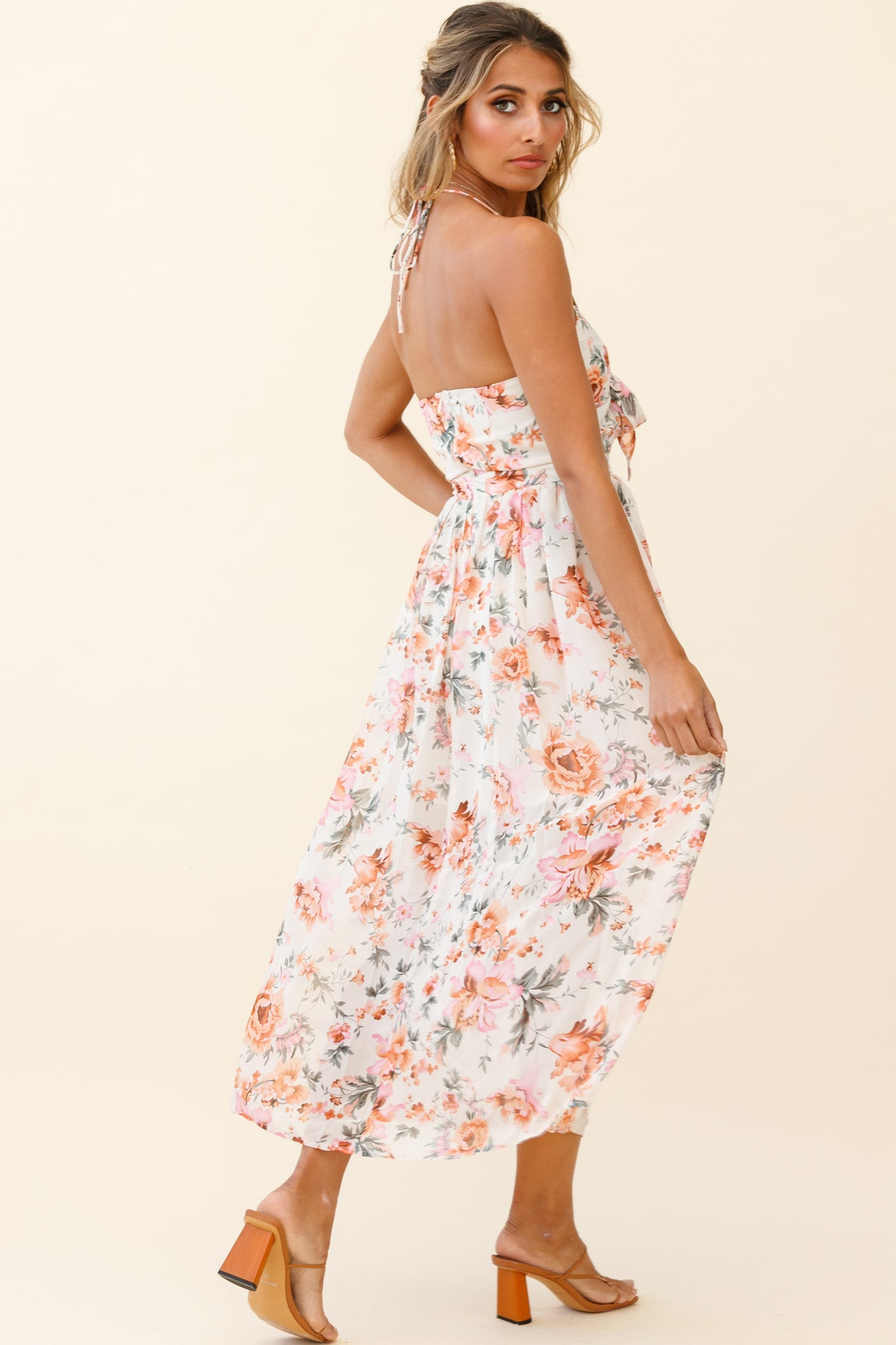Shop the Los Feliz Tied Bust Halterneck Midi Dress Floral Print Pink