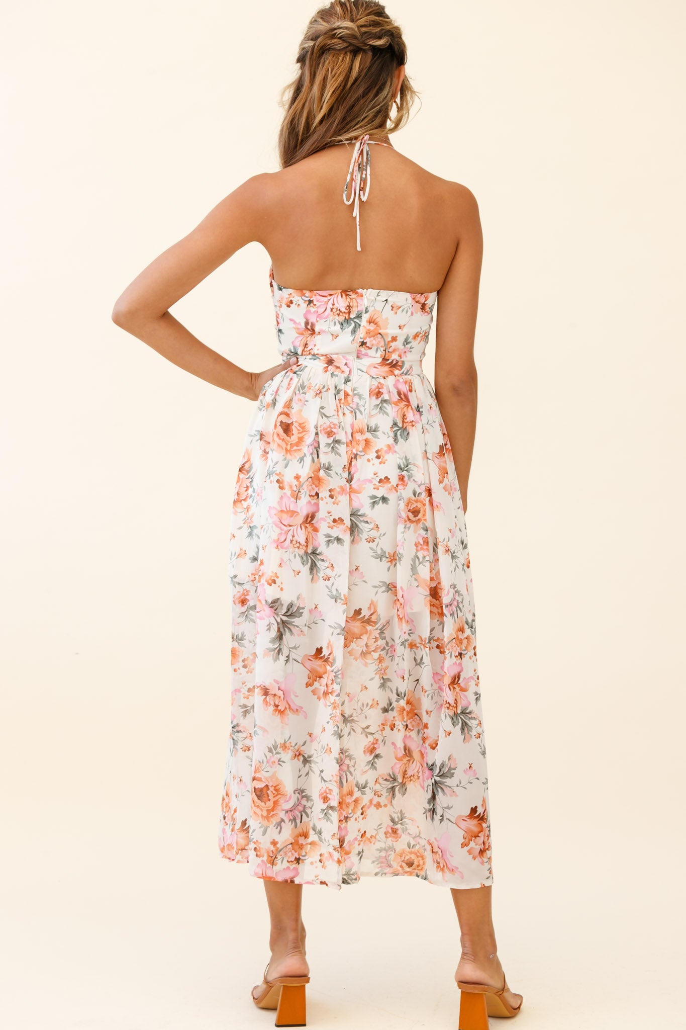 Los Feliz Tied Bust Halterneck Midi Dress Floral Print Pink by Selfie Leslie