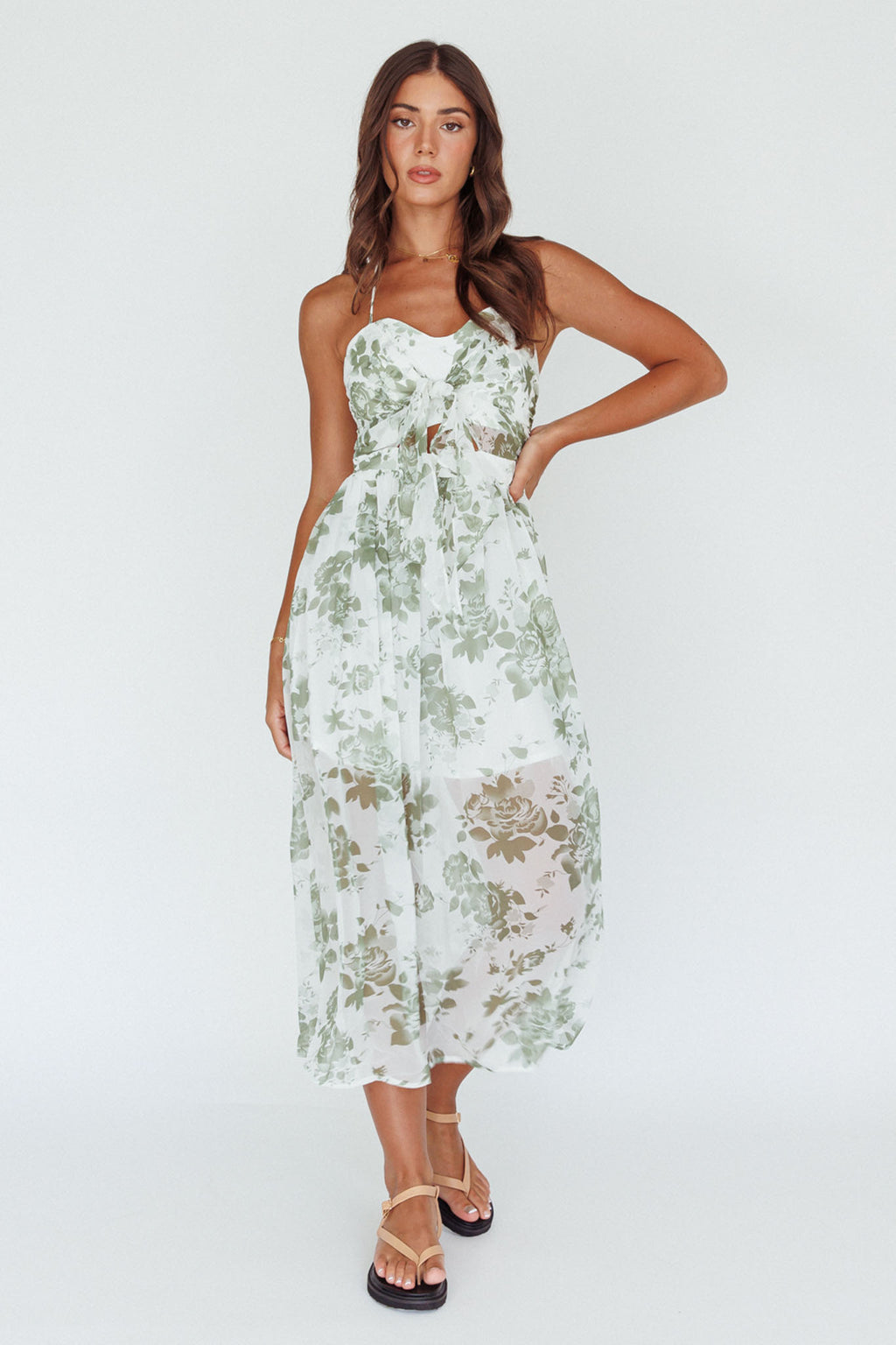 Los Feliz Tied Bust Halterneck Midi Dress Floral Green by Selfie Leslie