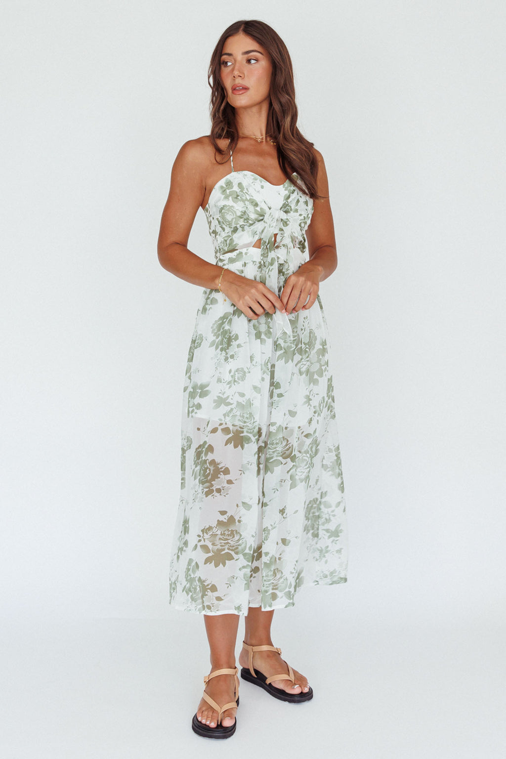 Los Feliz Tied Bust Halterneck Midi Dress Floral Green by Selfie Leslie