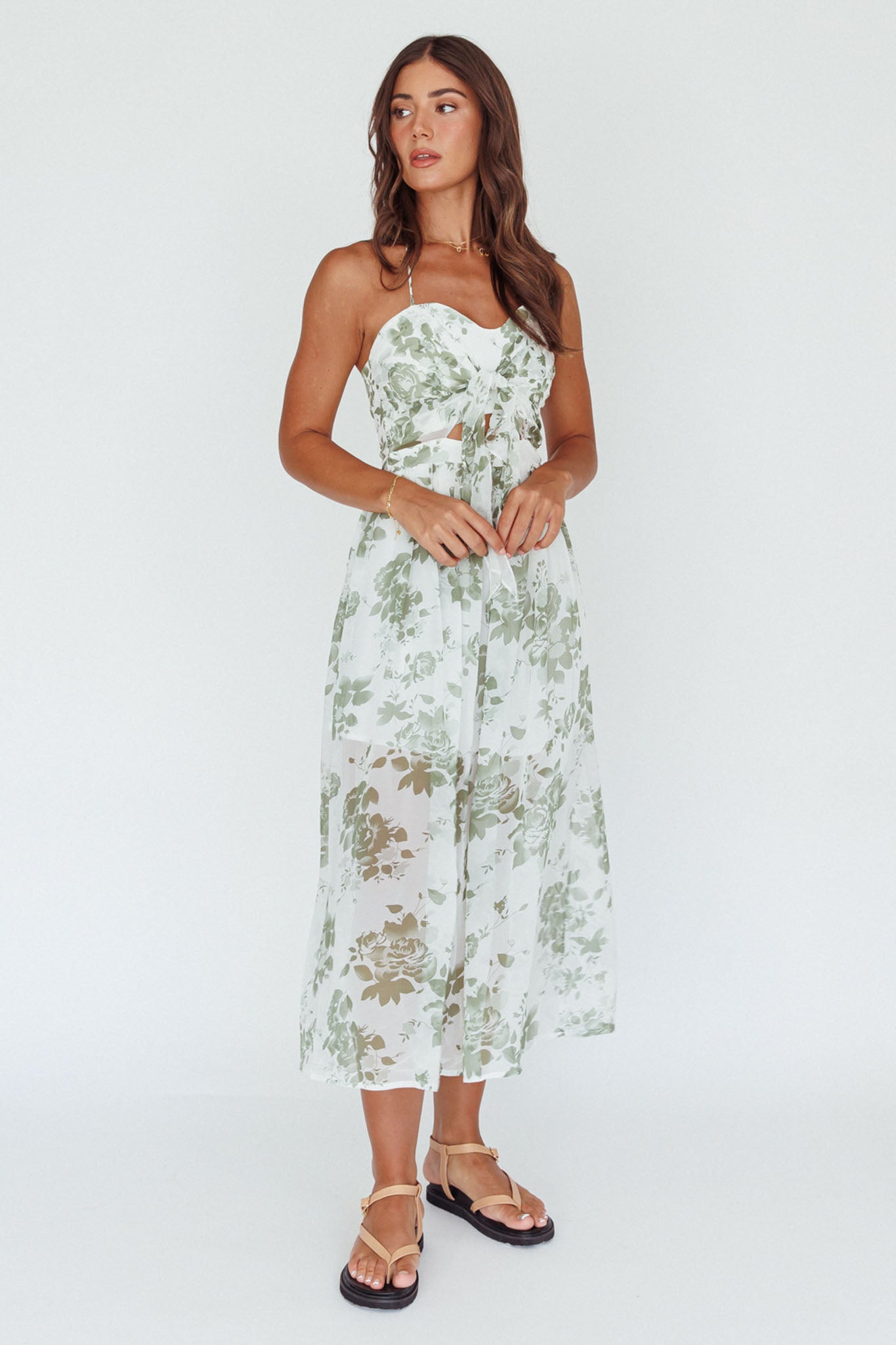 Los Feliz Tied Bust Halterneck Midi Dress Floral Green by Selfie Leslie