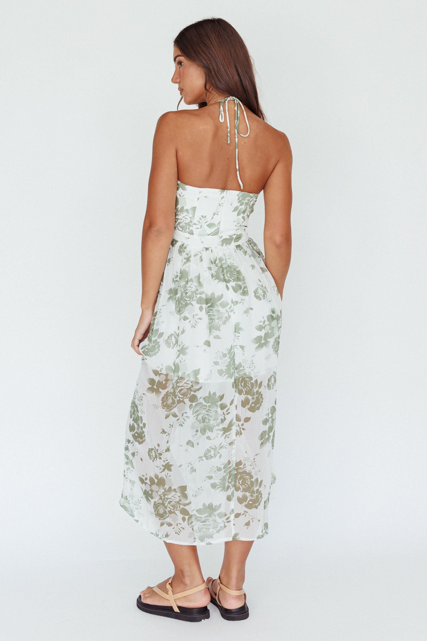 Los Feliz Tied Bust Halterneck Midi Dress Floral Green by Selfie Leslie