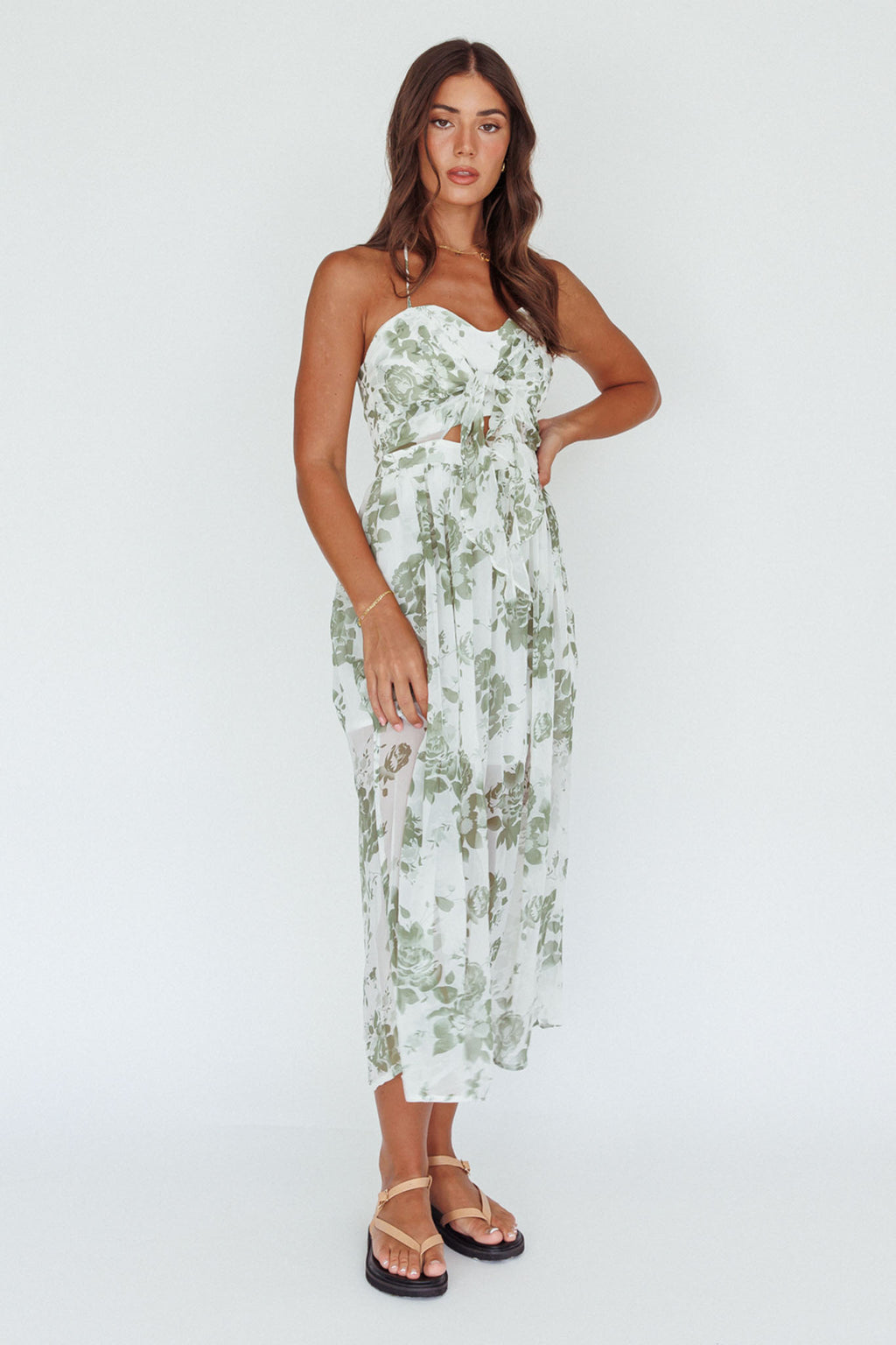 Los Feliz Tied Bust Halterneck Midi Dress Floral Green by Selfie Leslie