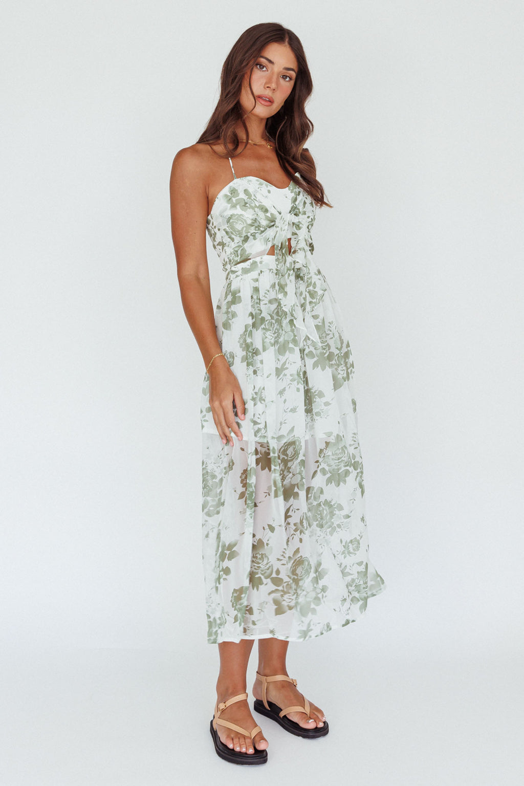 Los Feliz Tied Bust Halterneck Midi Dress Floral Green by Selfie Leslie