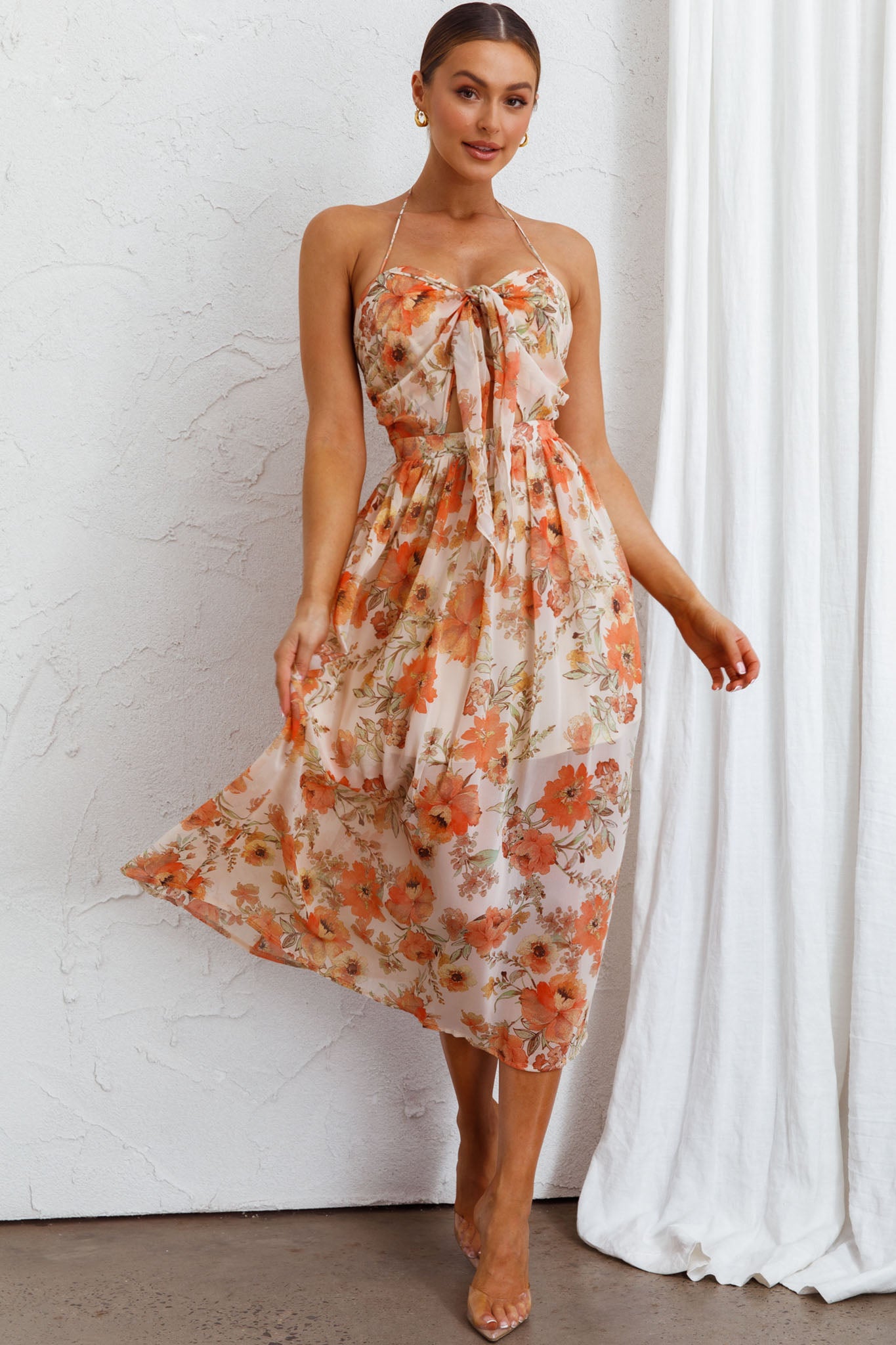 Los Feliz Tied Bust Halterneck Midi Dress Floral Beige by Selfie Leslie
