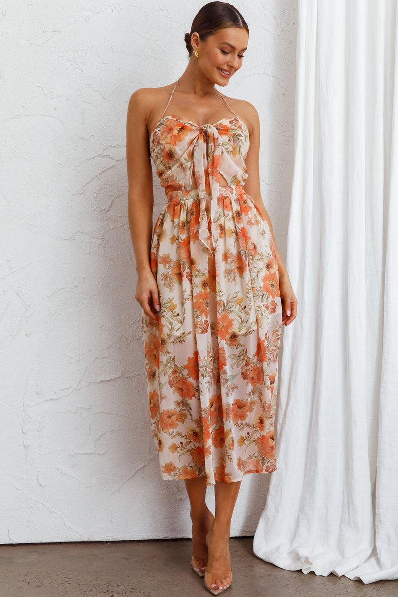 Los Feliz Tied Bust Halterneck Midi Dress Sheer Floral Blue