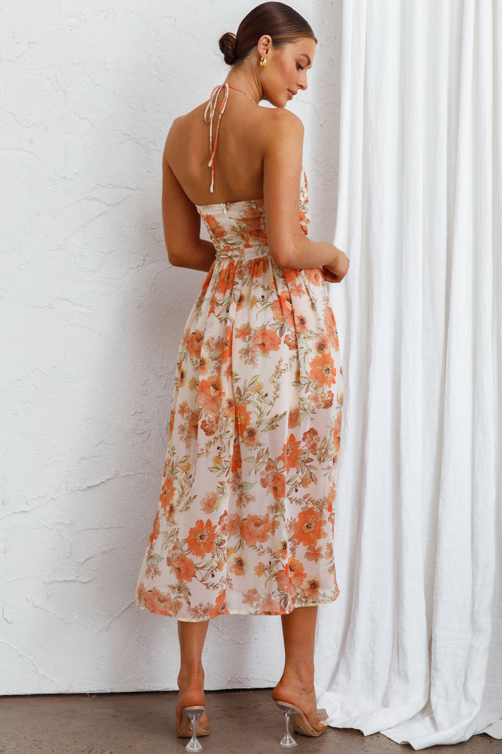 Los Feliz Tied Bust Halterneck Midi Dress Floral Beige by Selfie Leslie