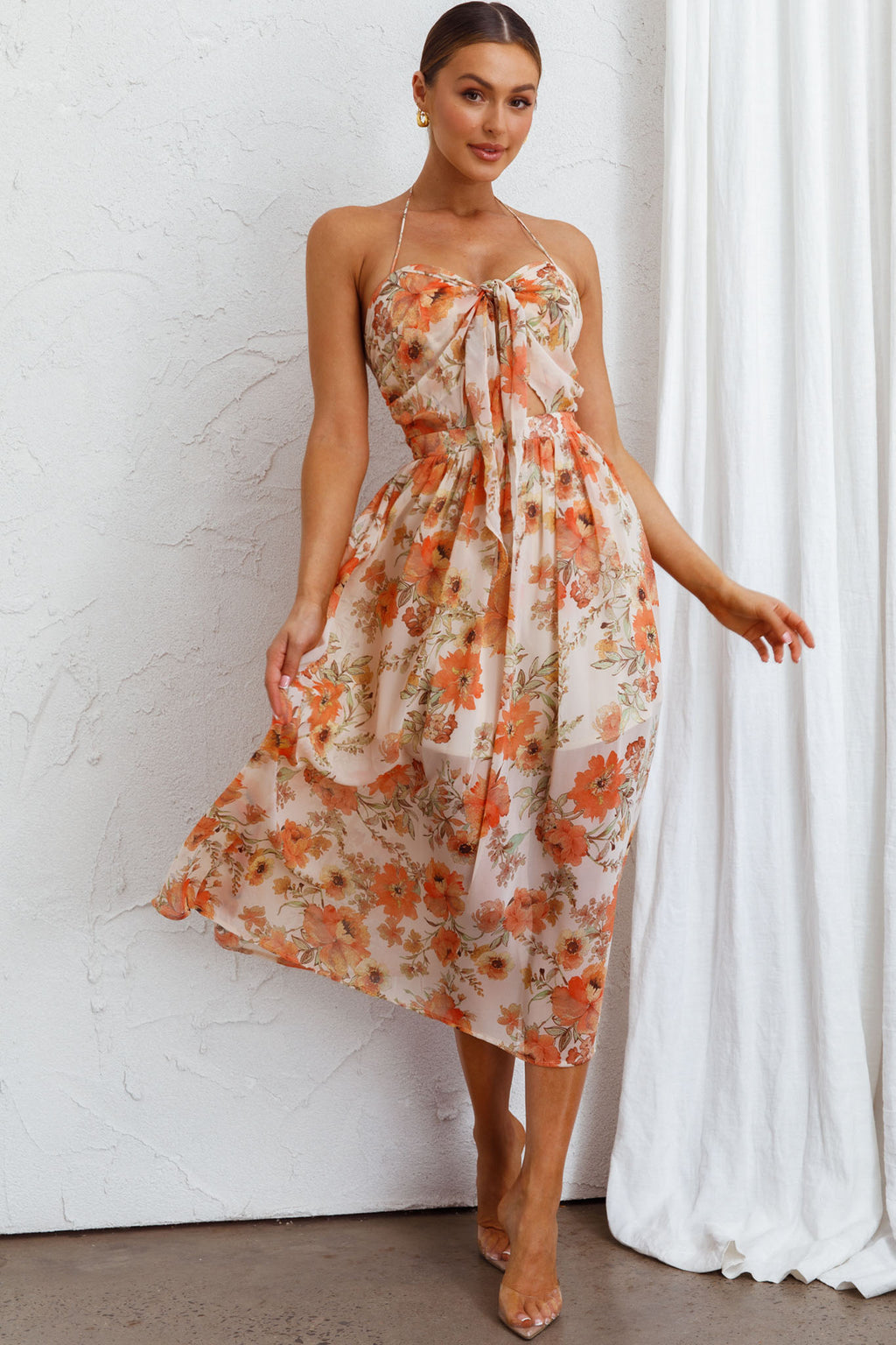 Los Feliz Tied Bust Halterneck Midi Dress Floral Beige by Selfie Leslie