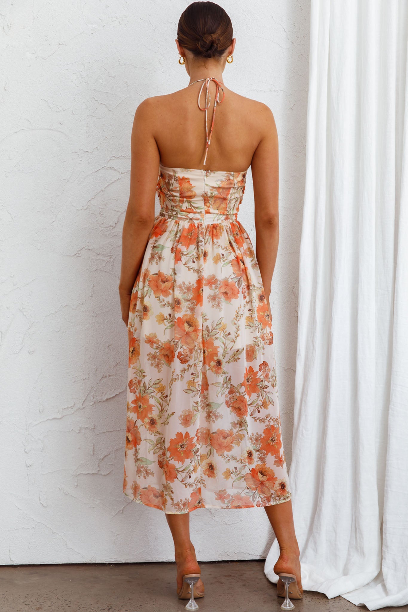 Los Feliz Tied Bust Halterneck Midi Dress Floral Beige by Selfie Leslie
