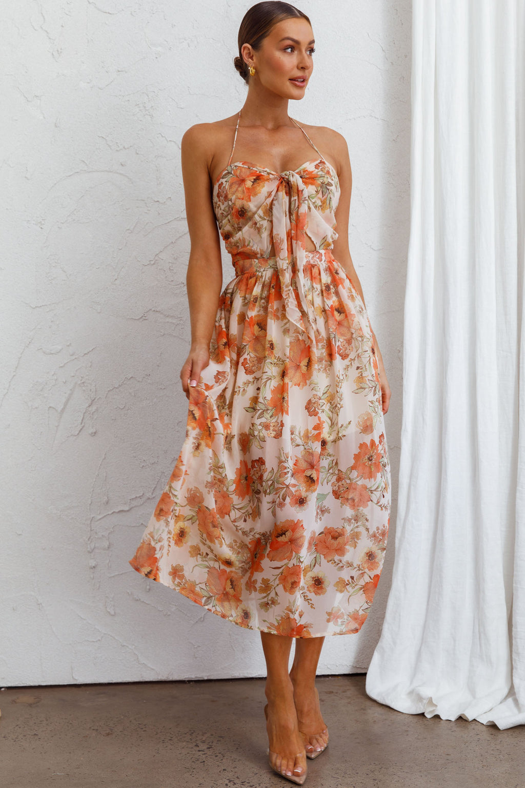 Los Feliz Tied Bust Halterneck Midi Dress Floral Beige by Selfie Leslie