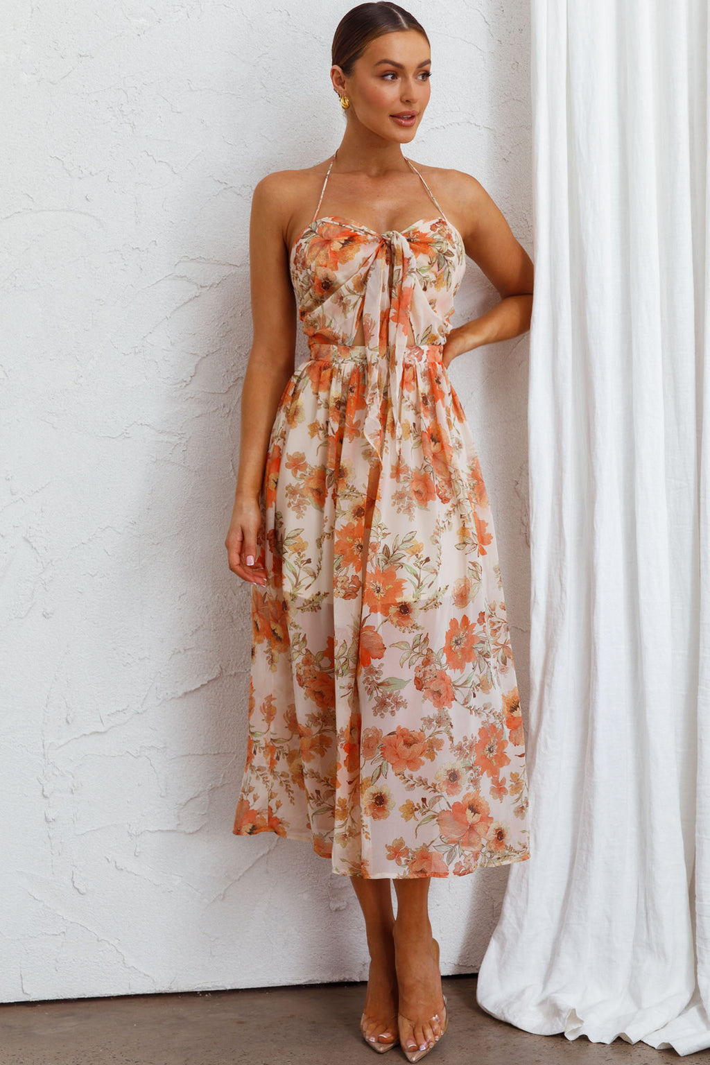 Los Feliz Tied Bust Halterneck Midi Dress Floral Beige by Selfie Leslie