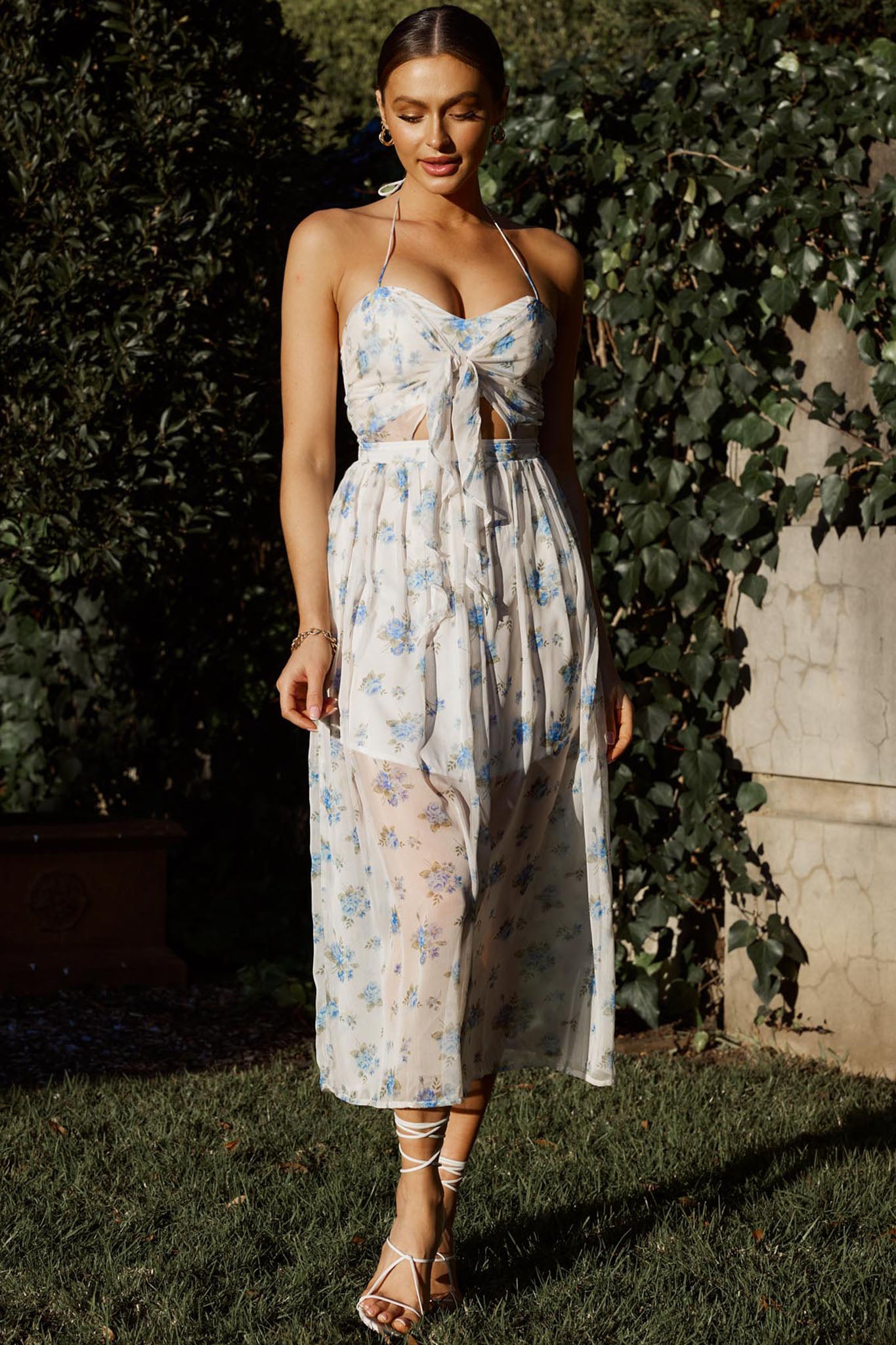 bec and bridge fleurette midi dress Los Feliz Tied Bust Halterneck Midi Dress Sheer Floral Blue