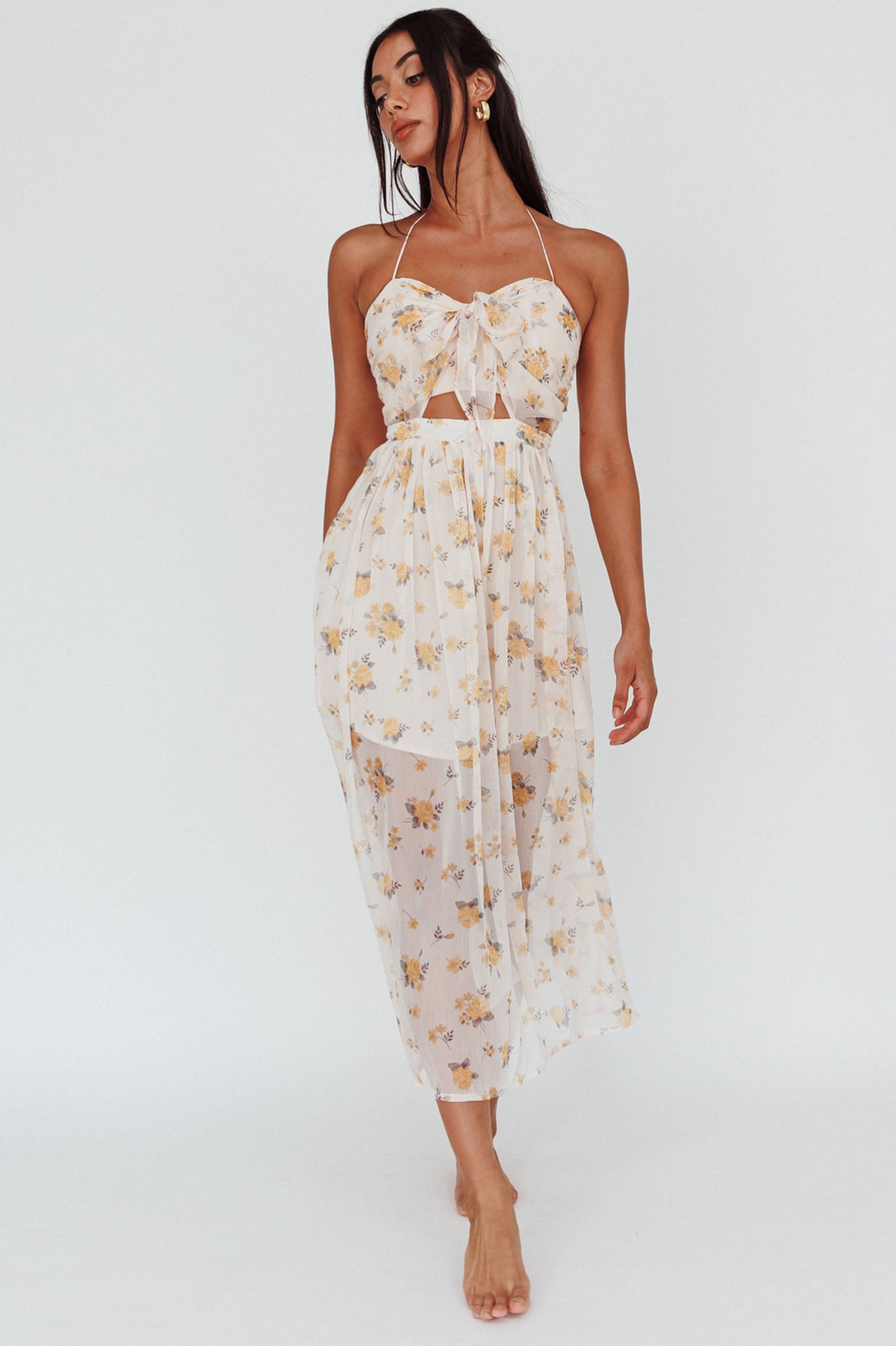 Los Feliz Tied Bust Halterneck Midi Dress Sheer Floral Yellow by Selfie Leslie