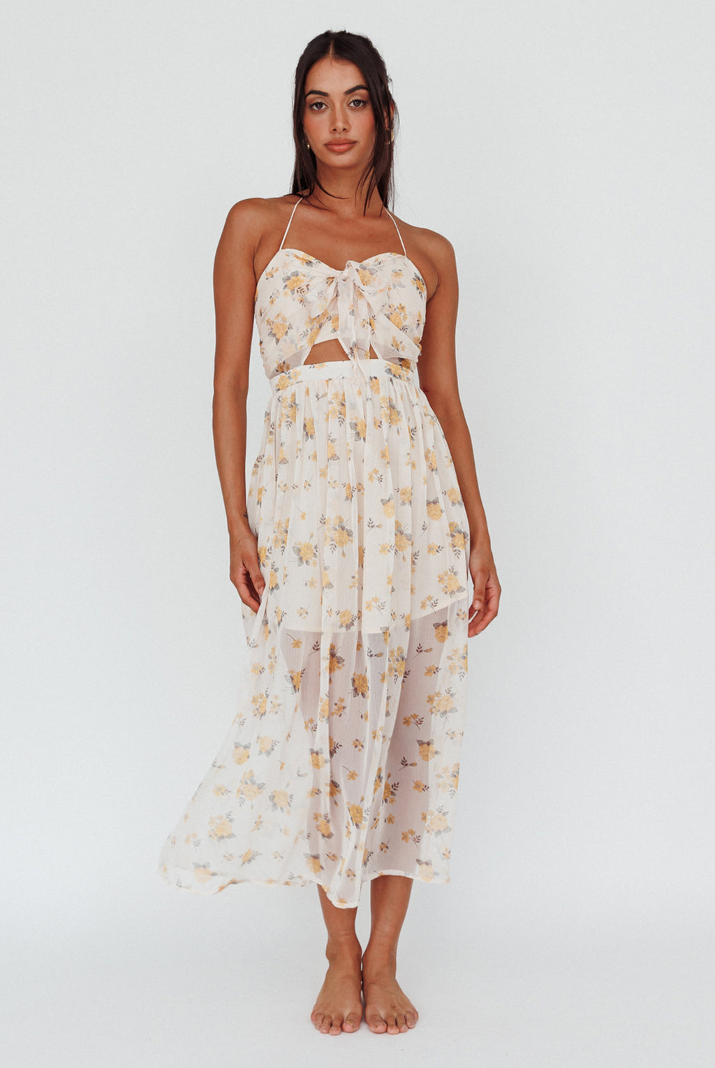Los Feliz Tied Bust Halterneck Midi Dress Sheer Floral Yellow by Selfie Leslie