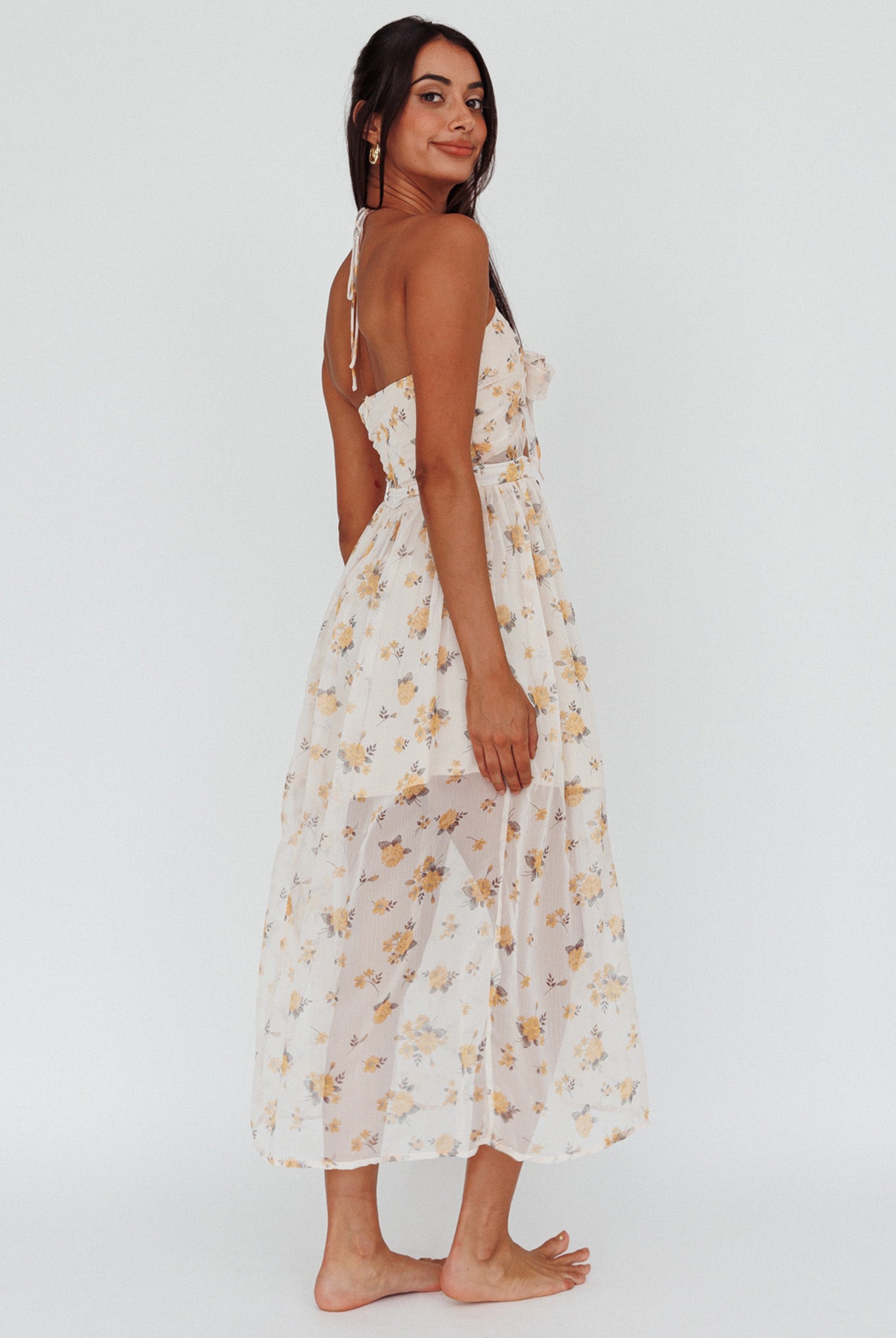 Los Feliz Tied Bust Halterneck Midi Dress Sheer Floral Yellow by Selfie Leslie