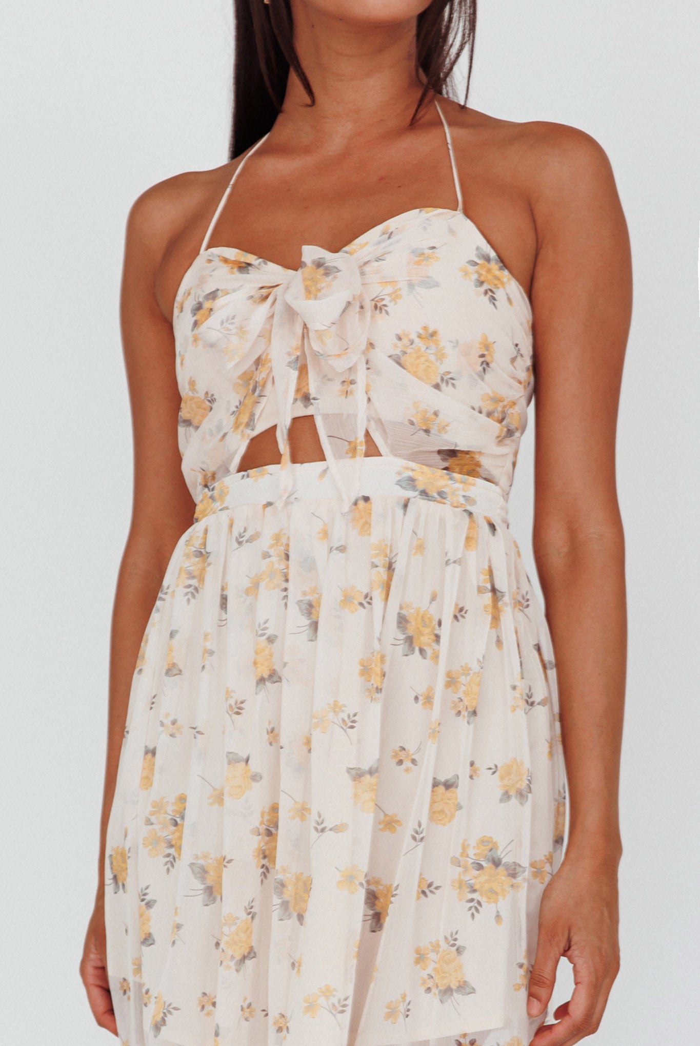 Los Feliz Tied Bust Halterneck Midi Dress Sheer Floral Yellow by Selfie Leslie