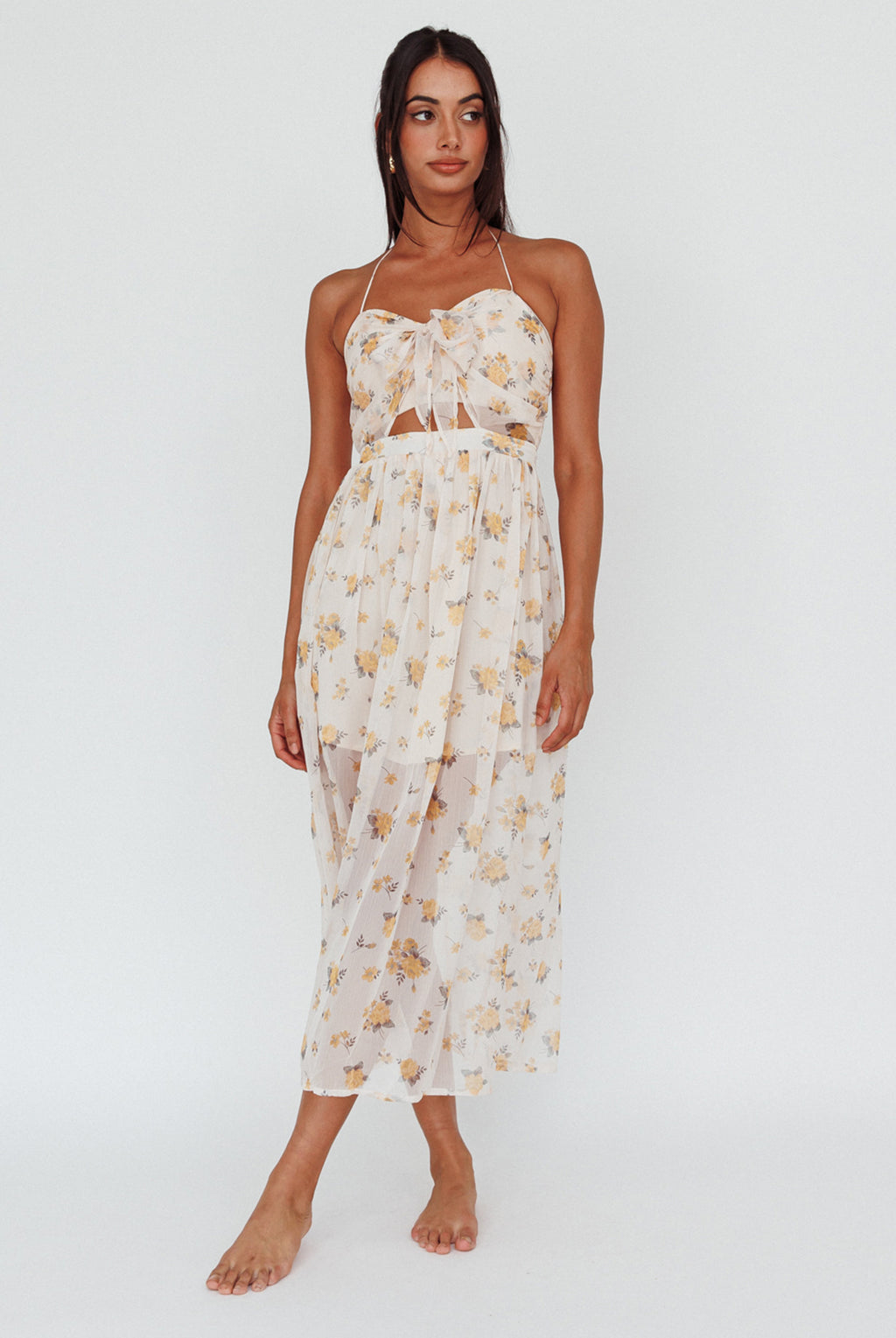 Los Feliz Tied Bust Halterneck Midi Dress Sheer Floral Yellow by Selfie Leslie