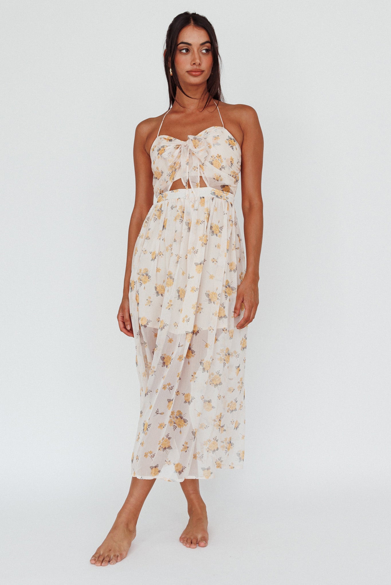 Los Feliz Tied Bust Halterneck Midi Dress Sheer Floral Yellow by Selfie Leslie