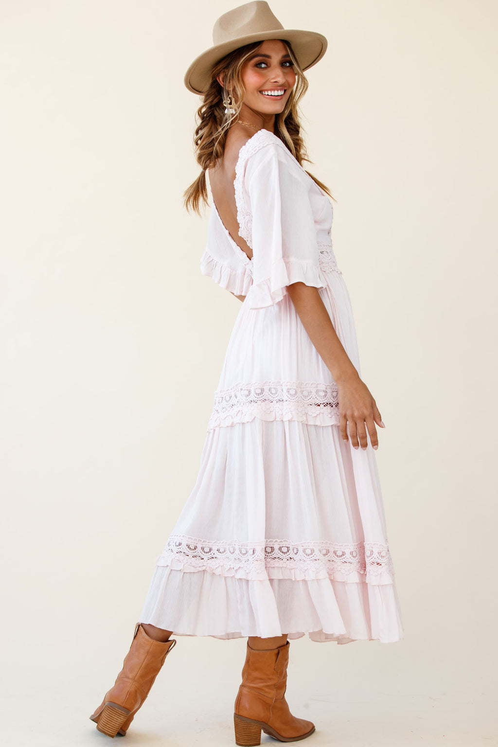 Indio Crochet Insert Deep V-Neckline Angel Sleeve Maxi Dress Pink by Selfie Leslie