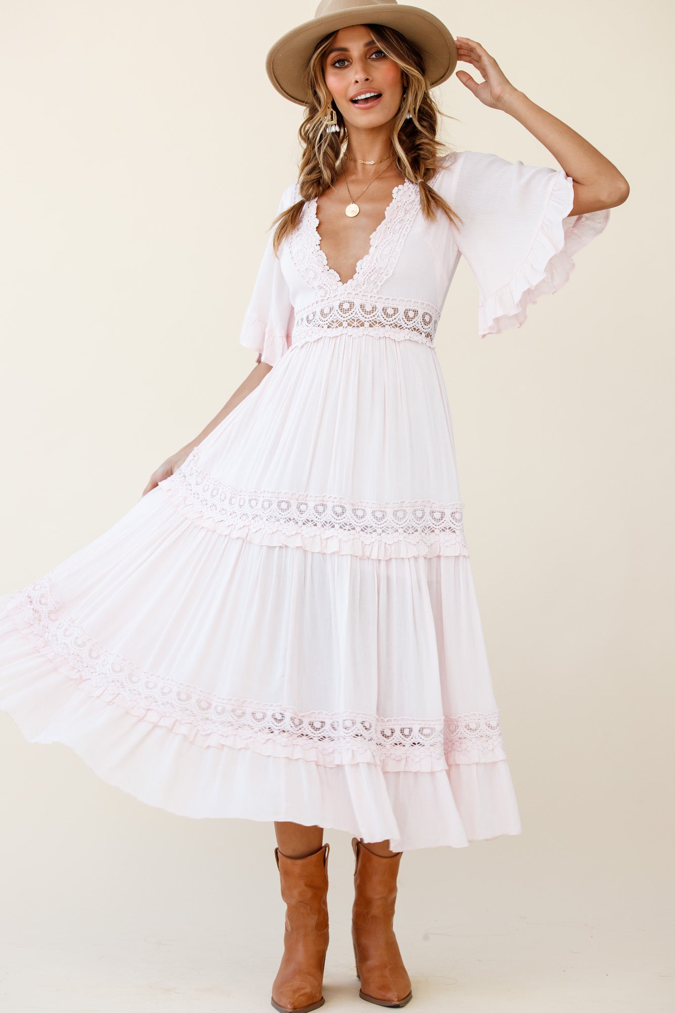 Indio Crochet Insert Deep V-Neckline Angel Sleeve Maxi Dress Pink by Selfie Leslie