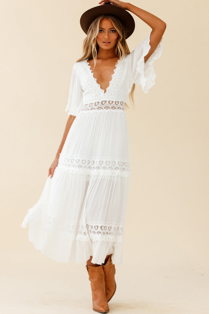Indio Crochet Insert Deep V-Neckline Angel Sleeve Maxi Dress White by Selfie Leslie