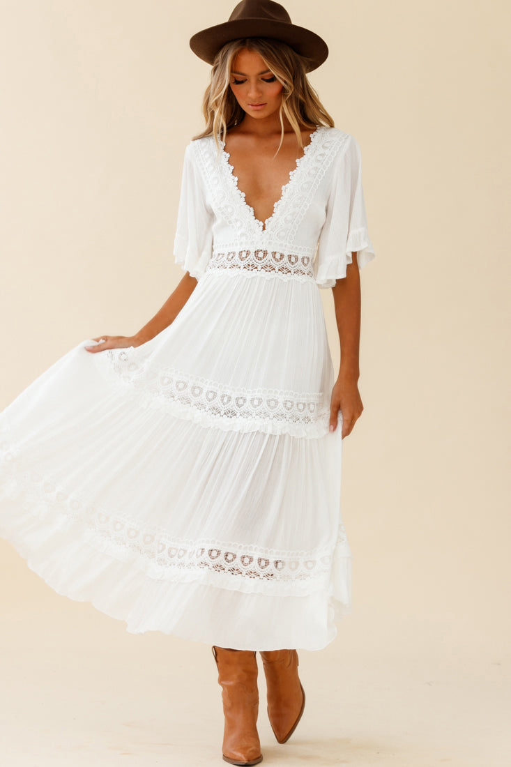 Indio Crochet Insert Deep V-Neckline Angel Sleeve Maxi Dress White by Selfie Leslie