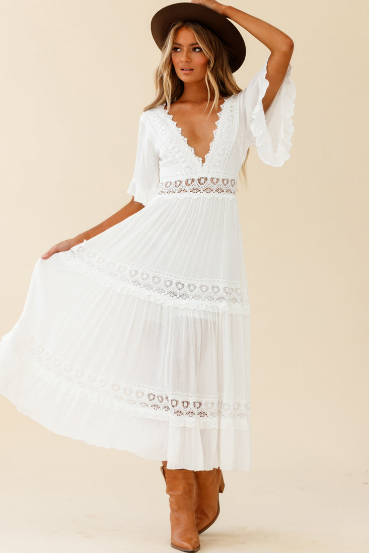 Indio Crochet Insert Deep V-Neckline Angel Sleeve Maxi Dress White by Selfie Leslie