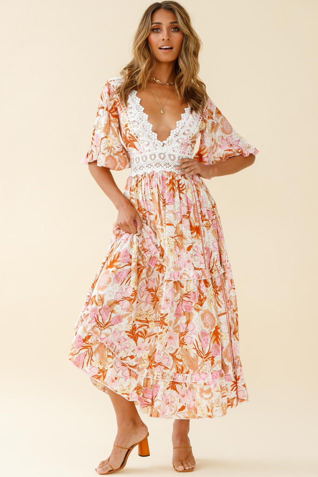 Indio Crochet Insert Deep V-Neckline Angel Sleeve Maxi Dress Floral Print Pink by Selfie Leslie