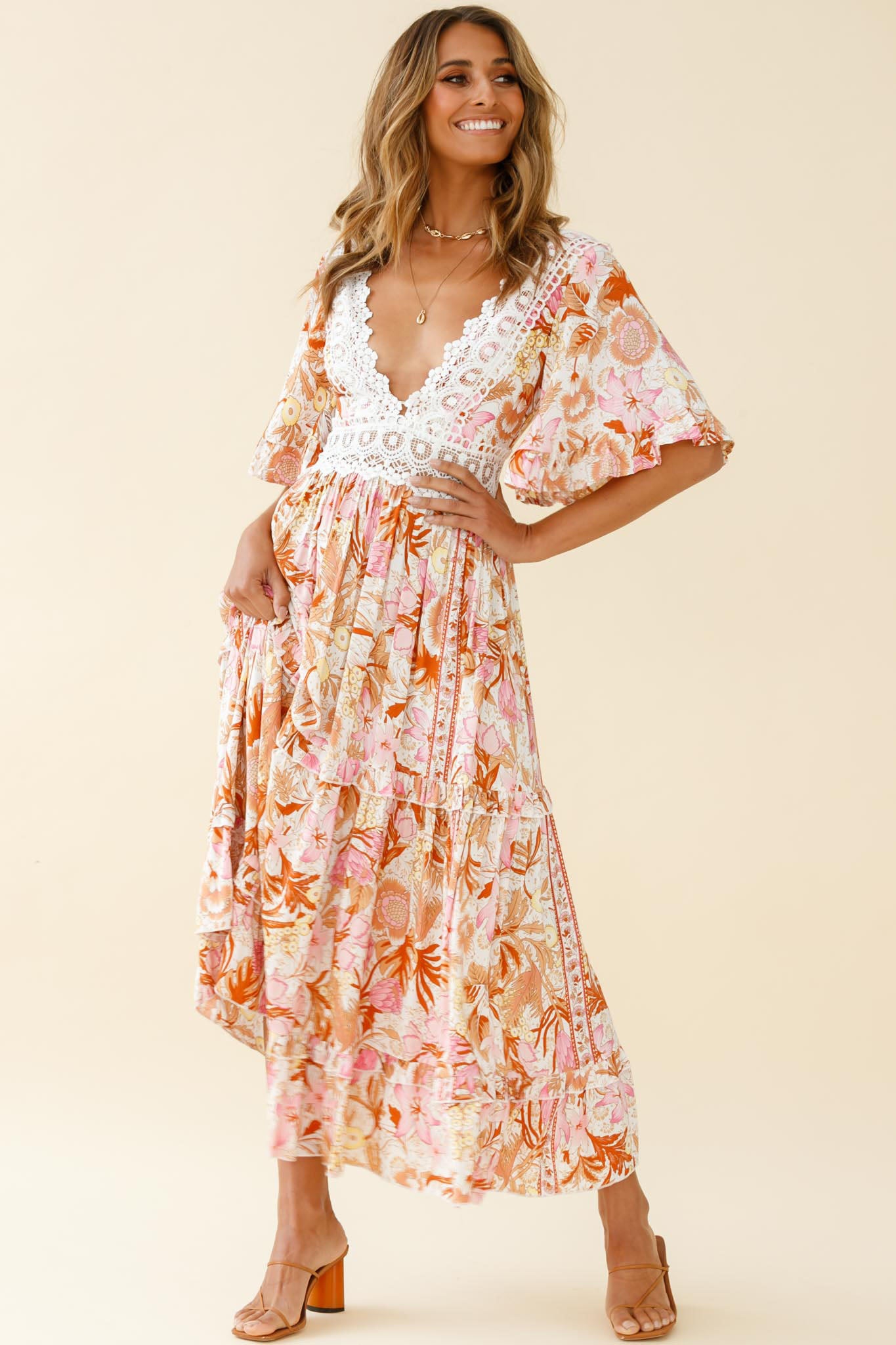 Indio Crochet Insert Deep V-Neckline Angel Sleeve Maxi Dress Floral Print Pink by Selfie Leslie