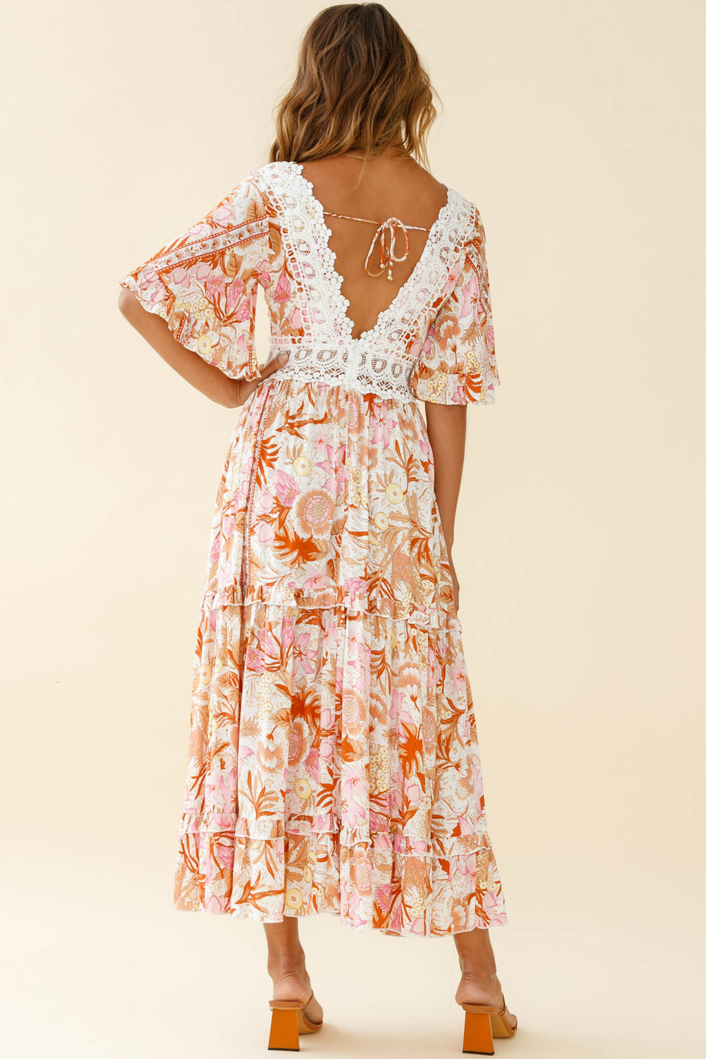 Indio Crochet Insert Deep V-Neckline Angel Sleeve Maxi Dress Floral Print Pink by Selfie Leslie