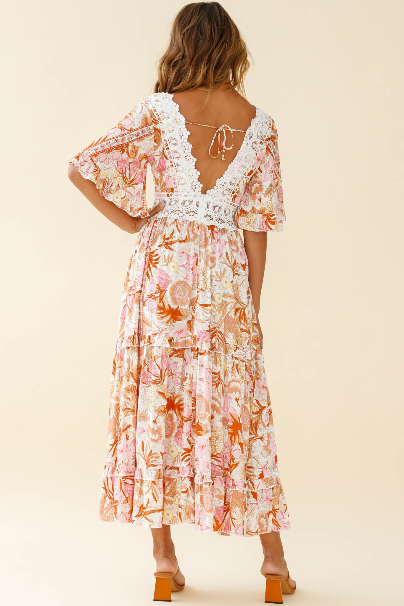 Indio Crochet Insert Deep V-Neckline Angel Sleeve Maxi Dress Floral Print Pink by Selfie Leslie
