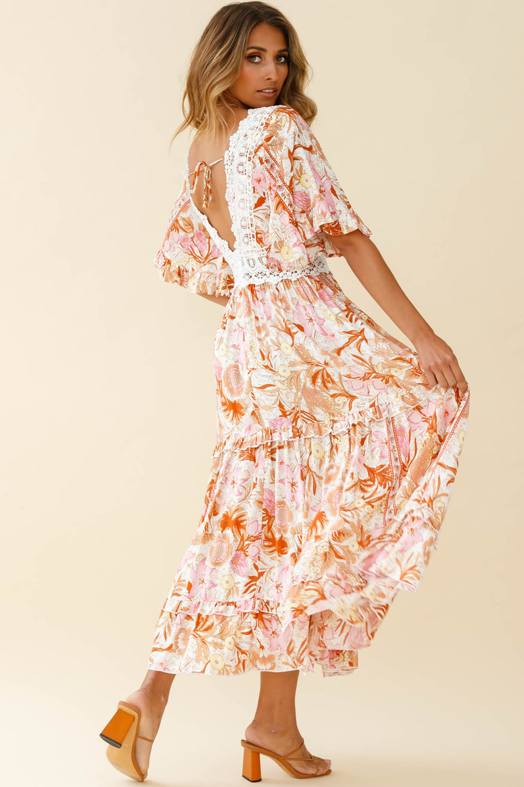 Indio Crochet Insert Deep V-Neckline Angel Sleeve Maxi Dress Floral Print Pink by Selfie Leslie
