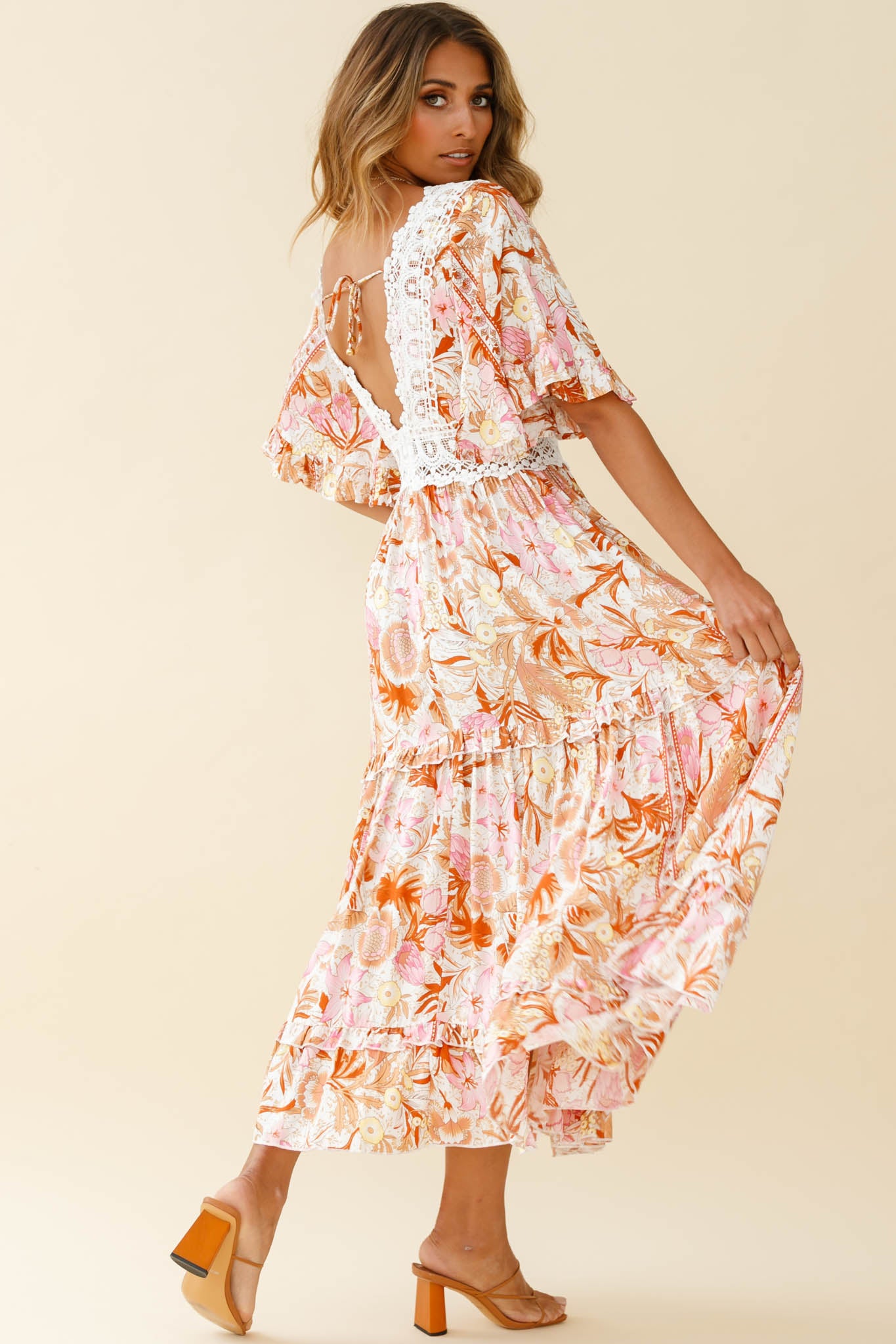 Indio Crochet Insert Deep V-Neckline Angel Sleeve Maxi Dress Floral Print Pink by Selfie Leslie