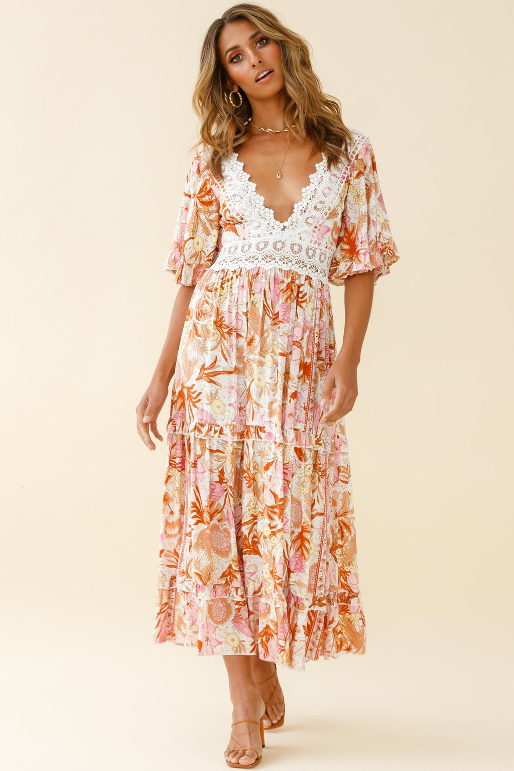 Indio Crochet Insert Deep V-Neckline Angel Sleeve Maxi Dress Floral Print Pink by Selfie Leslie