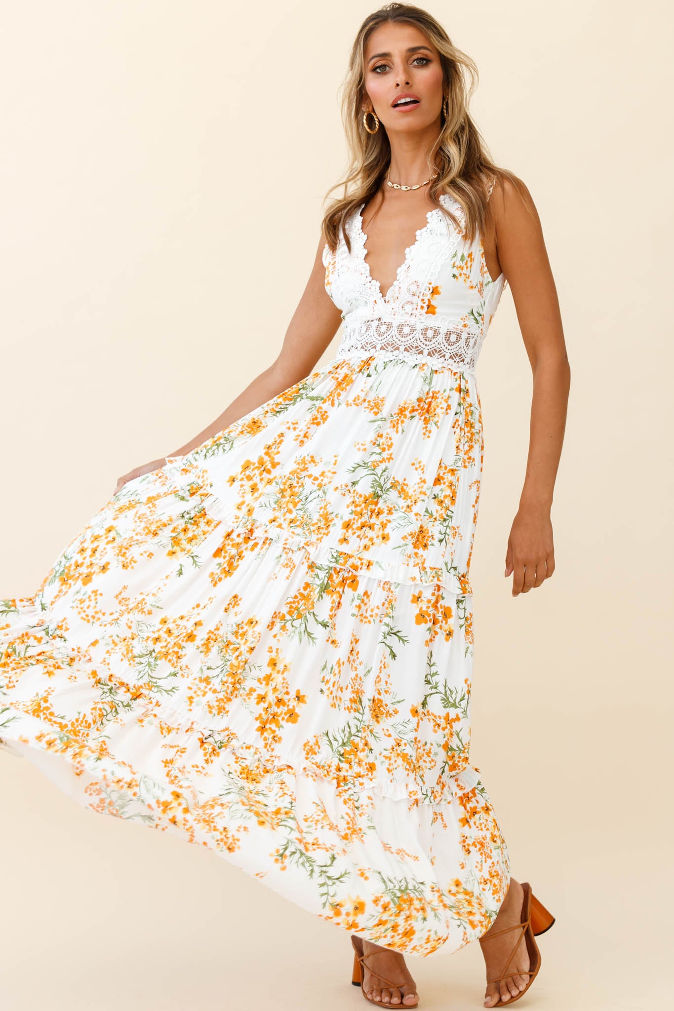 Indio Crochet Insert Deep V-Neckline Maxi Dress Floral Print White/Orange by Selfie Leslie